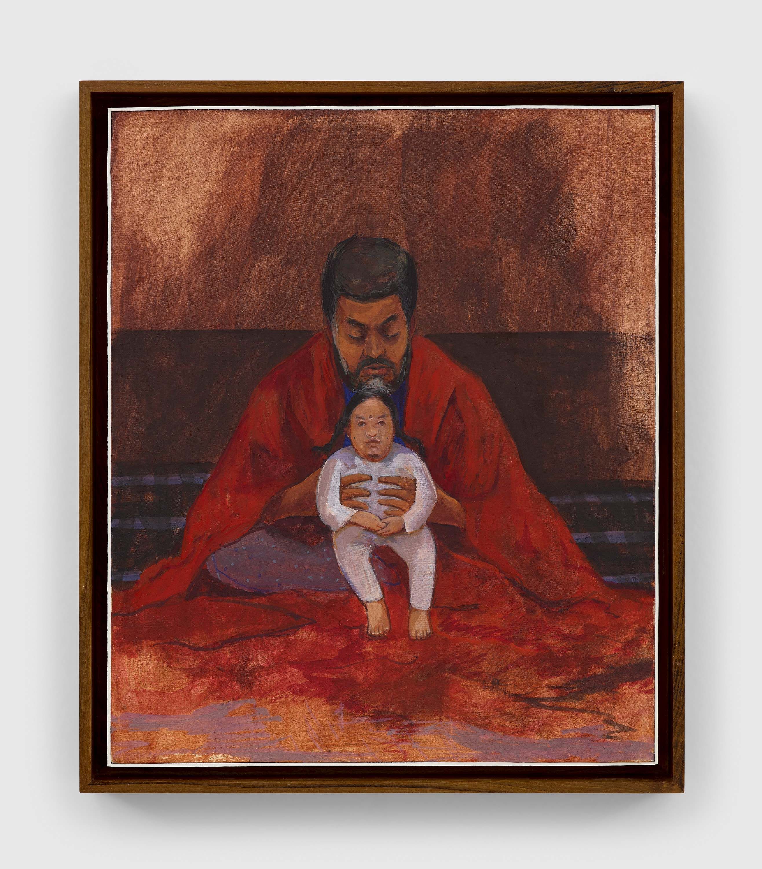 A casein on board painting by Mahesh Baliga, titled Acting as father, dated 2022.