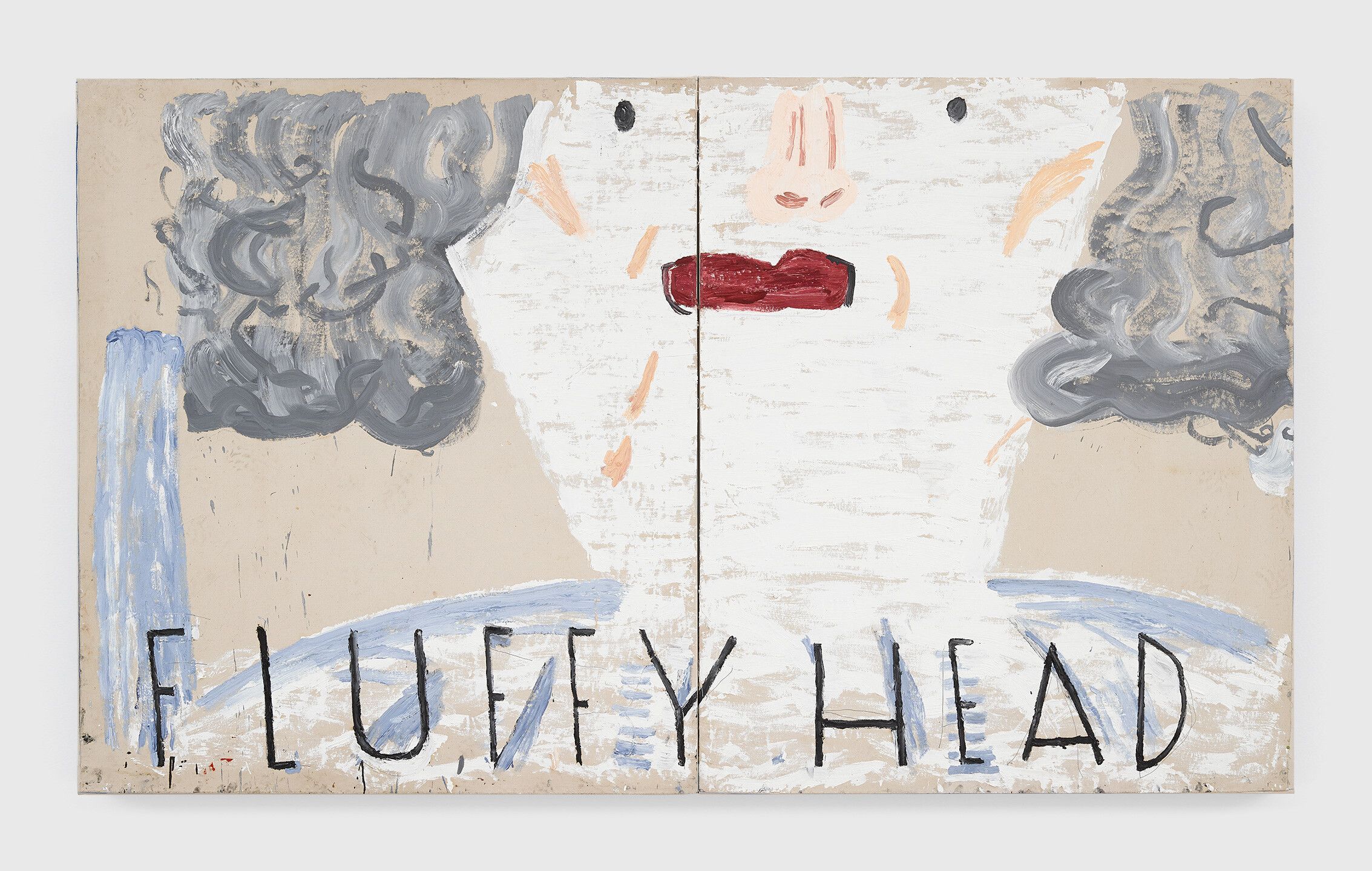 An oil painting on canvas in two parts by Rose Wylie, titled Fluffy Head, dated 2020.