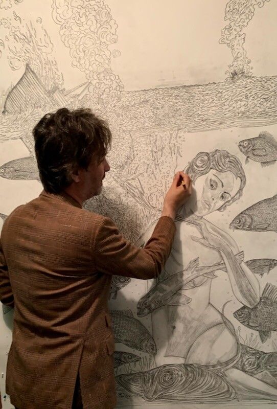 Marcel Dzama at work on I’m glad mama fought, I only wish she won, 2021