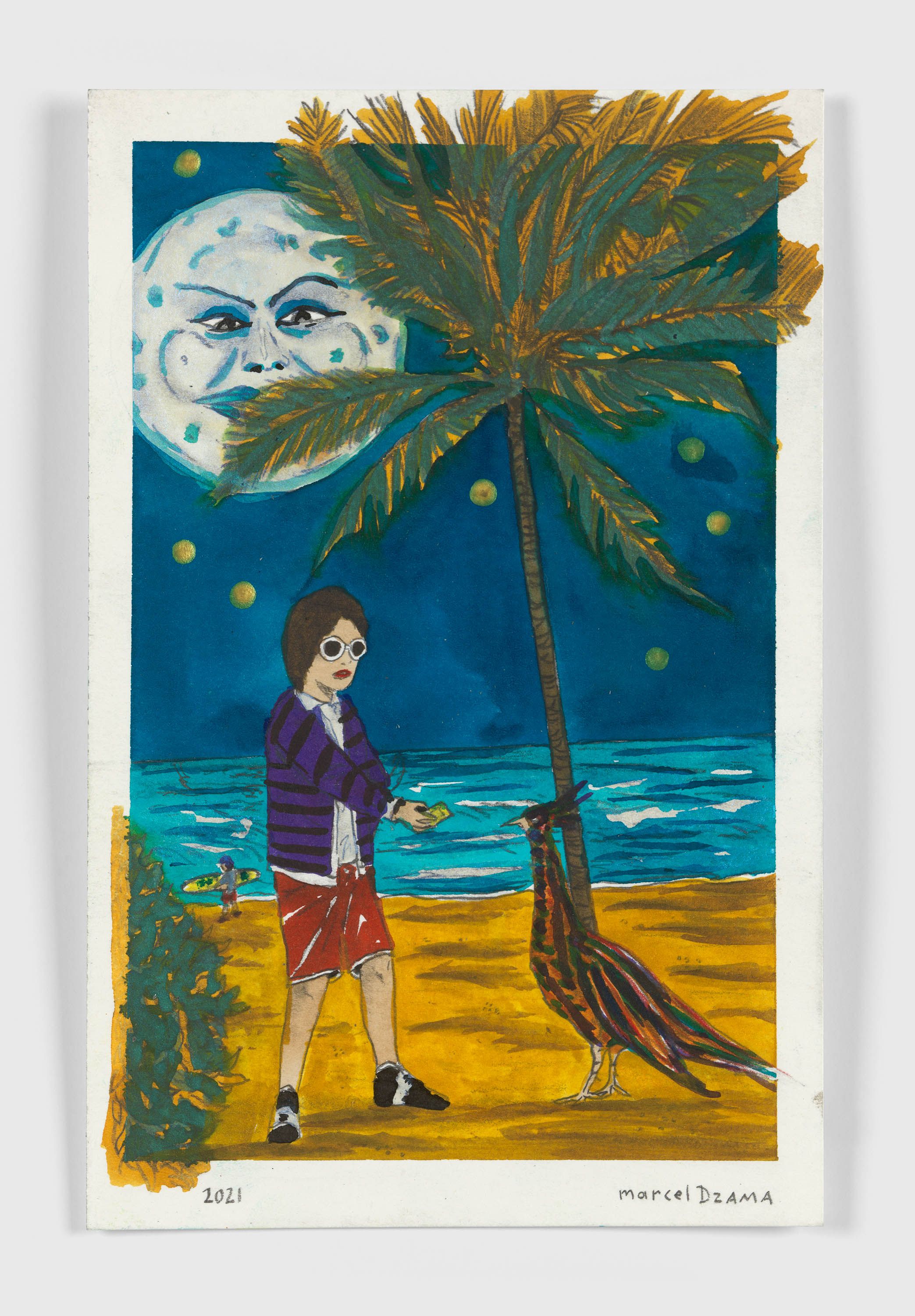 A mixed media artwork by Marcel Dzama, titled Feeding the birds, dated 2021.