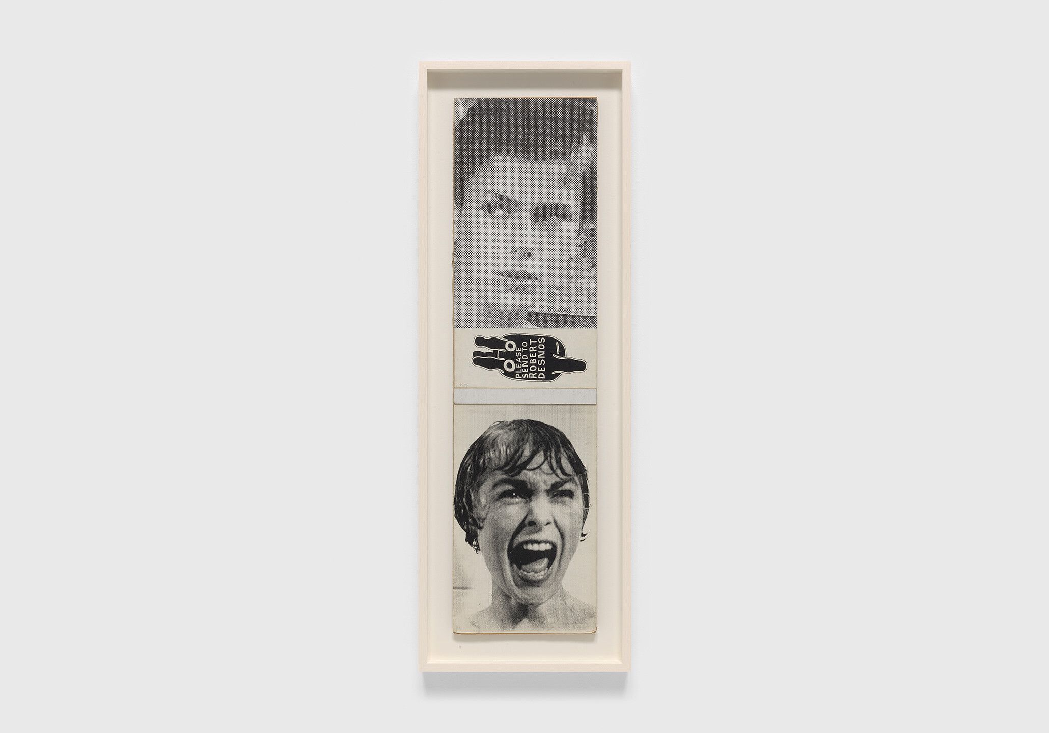 A collage on corrugated cardboard by Ray Johnson, titled Untitled (Long - Please Send to Robert Desnos), dated 1994.