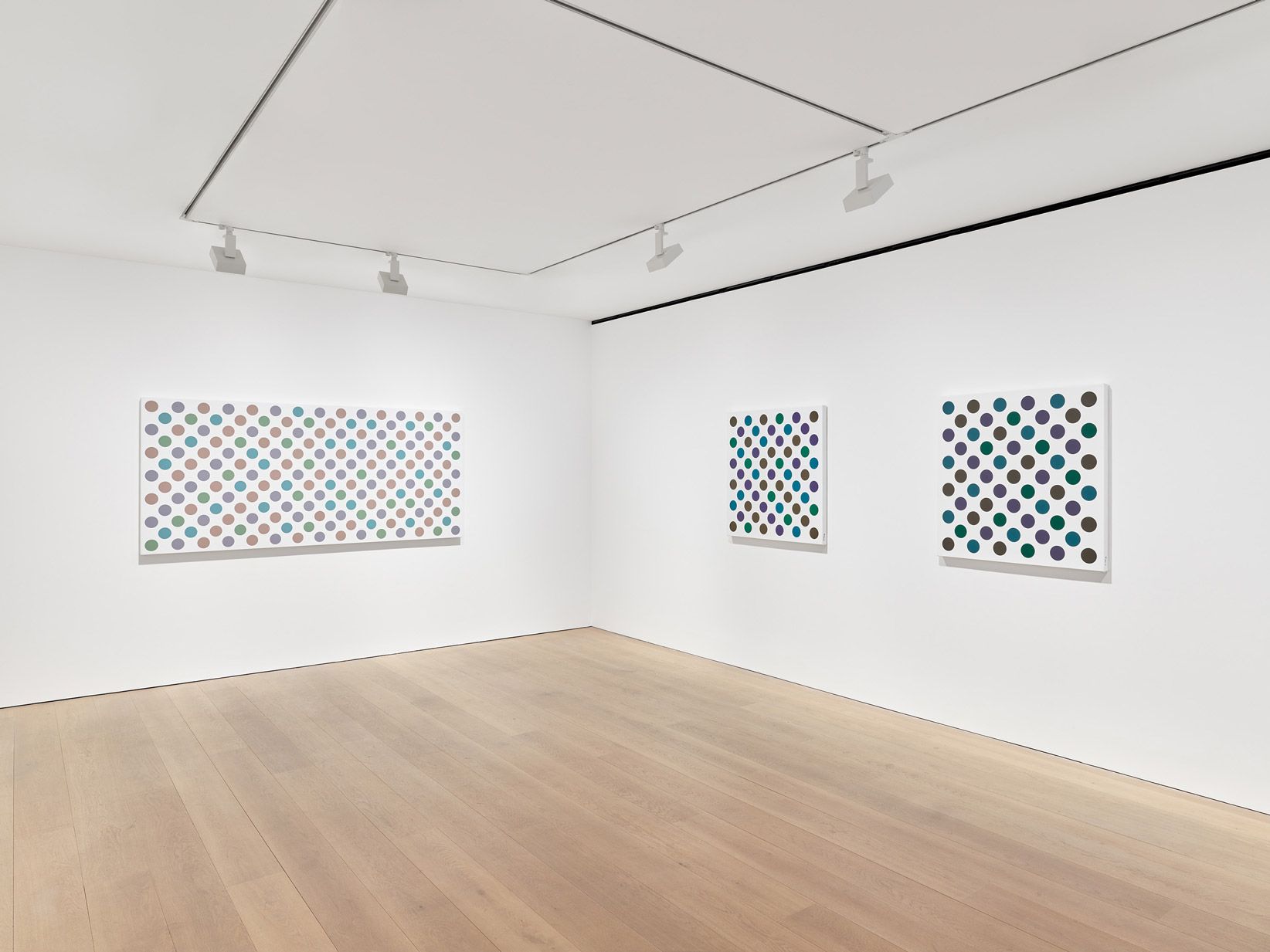 An installation view of the exhibition Bridget Riley: Past into Present at David Zwirner in London, dated 2021.
