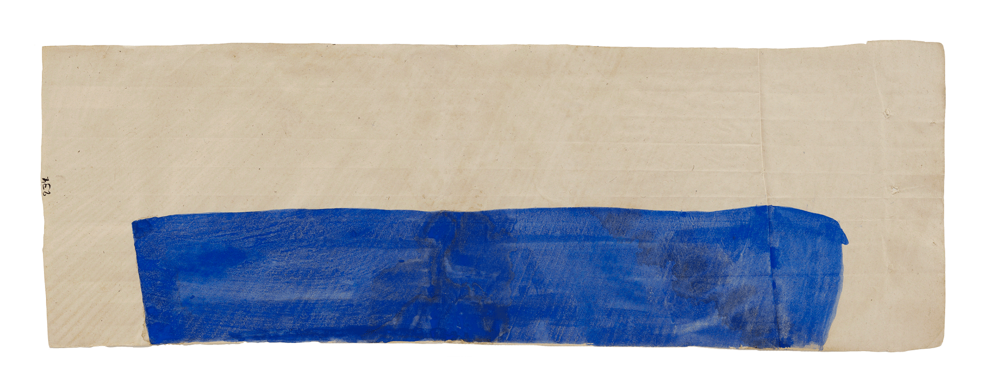 A painting by Suzan Frecon, titled long blue composition, dated 2010.