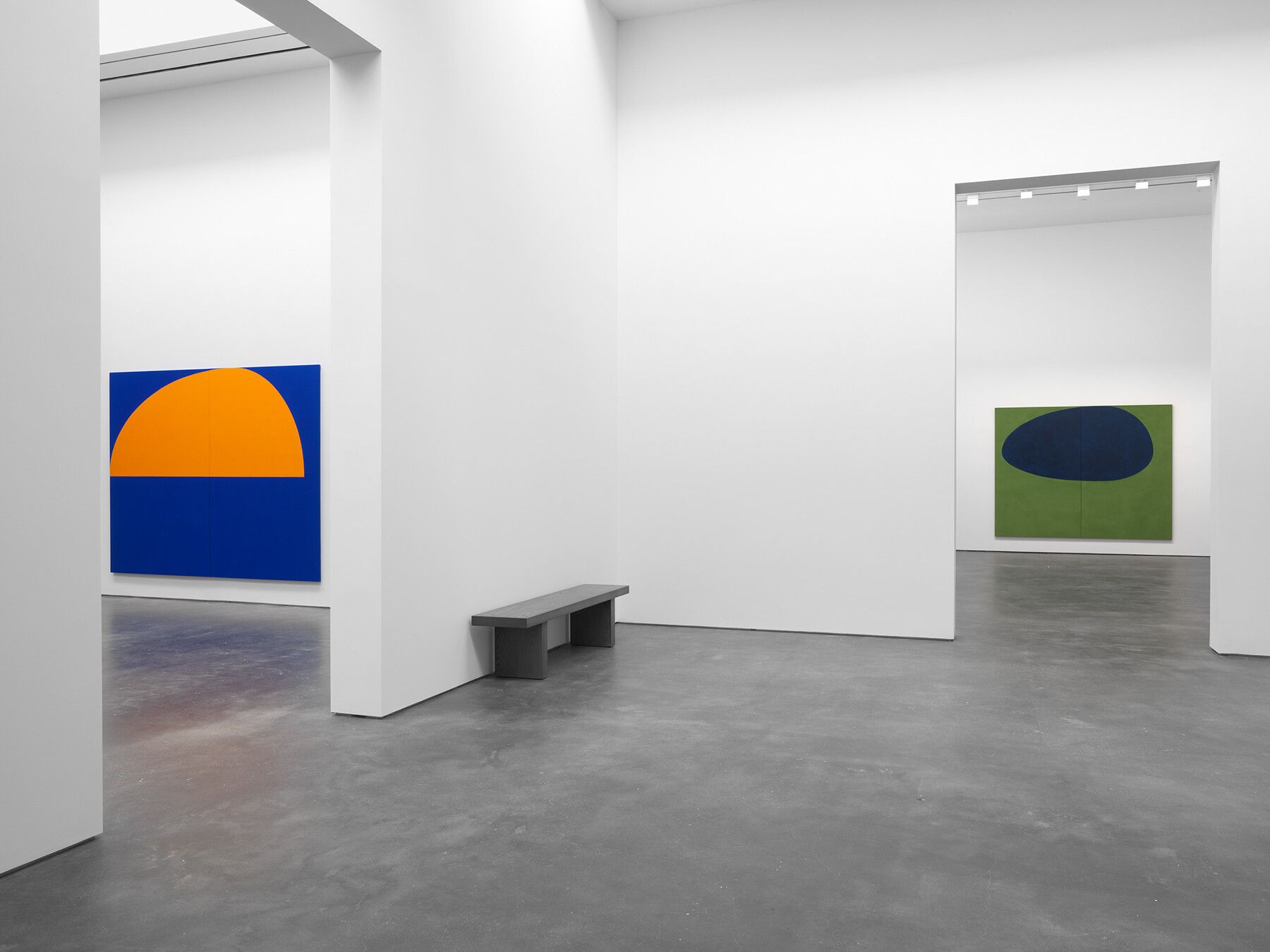 An installation view of an exhibition titled Suzan Frecon: oil paintings, at David Zwirner, New York, in 2020.
