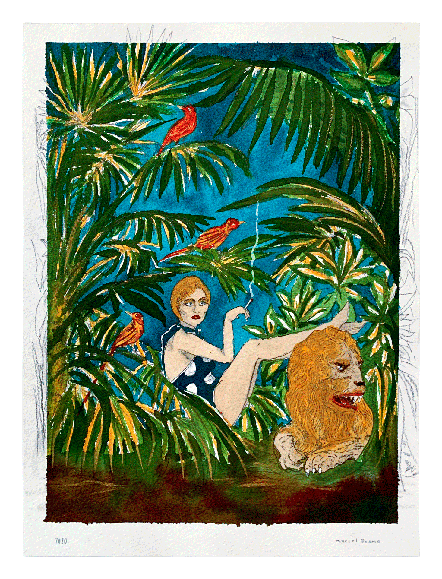 A work on paper by Marcel Dzama titled Romance, rest and relaxation, dated 2020.