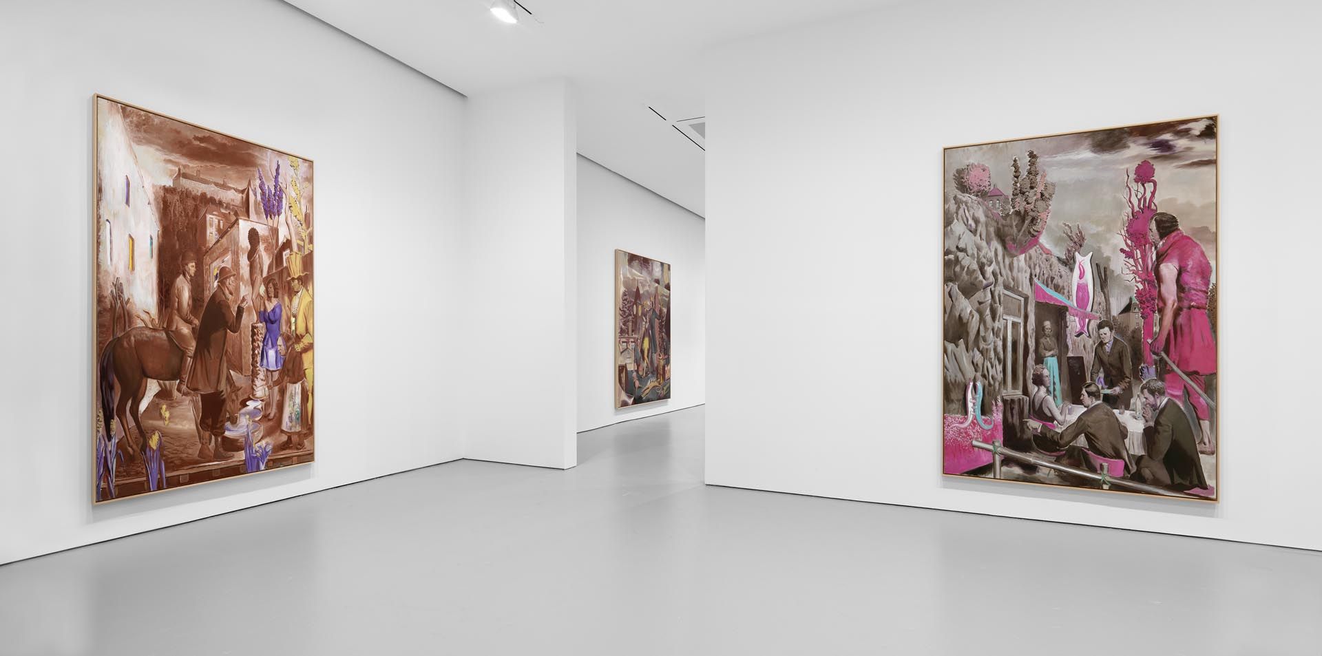 An installation view of the exhibition Neo Rauch: At the Well, at David Zwirner New York, dated 2014.