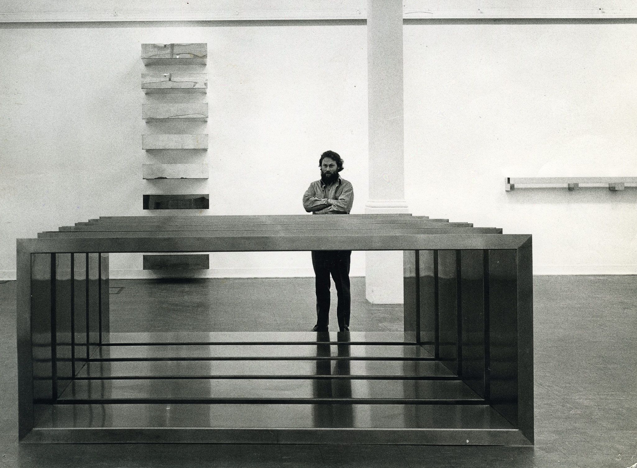 A photo of Donald Judd with his work at Whitechapel Gallery, London, in 1970.