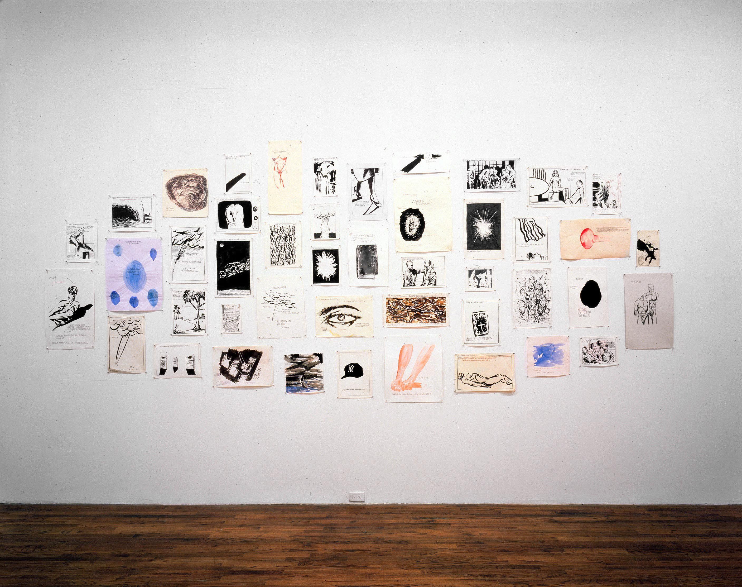 An installation view of the exhibition Raymond Pettibon: Drawings and Wall Drawings, at David Zwirner New York, dated 1995.