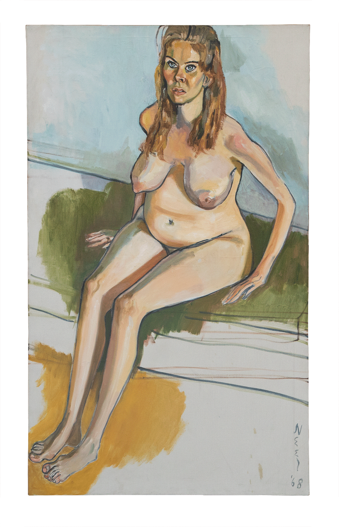 A painting by Alice Neel, titled Pregnant Betty Homitzky, dated 1968.