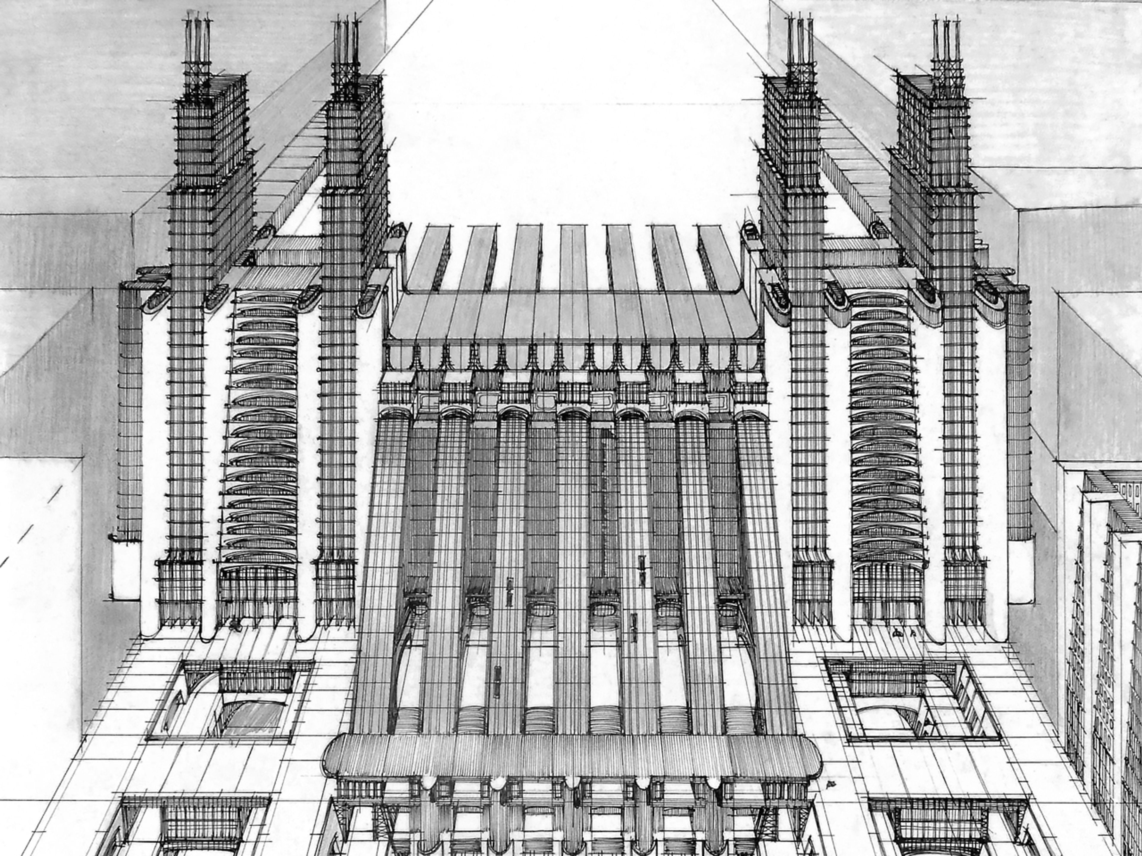 A detail from Air and train station with funicular cableways on three road levels from La Città Nuova by Antonio Sant’Elia, 1914