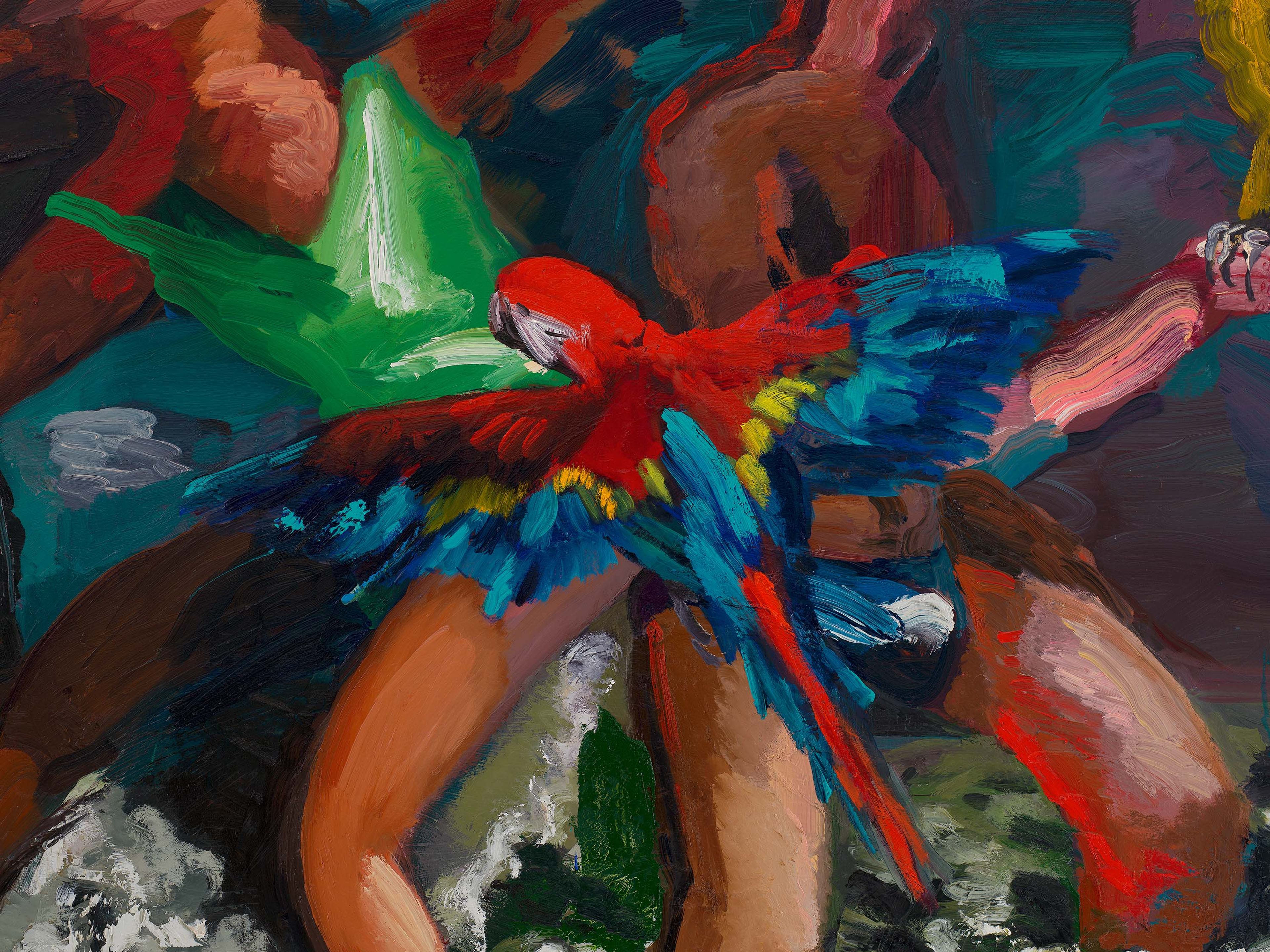 A detail from a painting by Dana Schutz, titled Parrots, dated 2023.