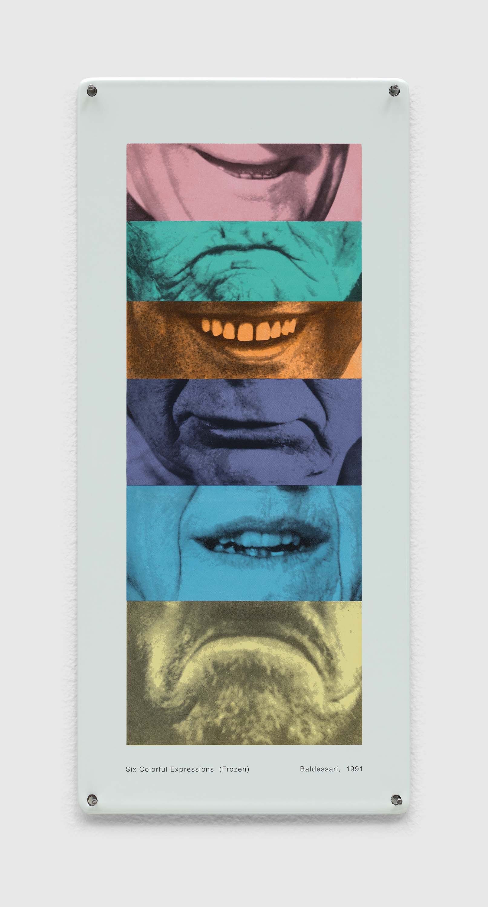 A mixed media artwork by John Baldessari, titled Six Colorful Expressions (Frozen), dated 1991.