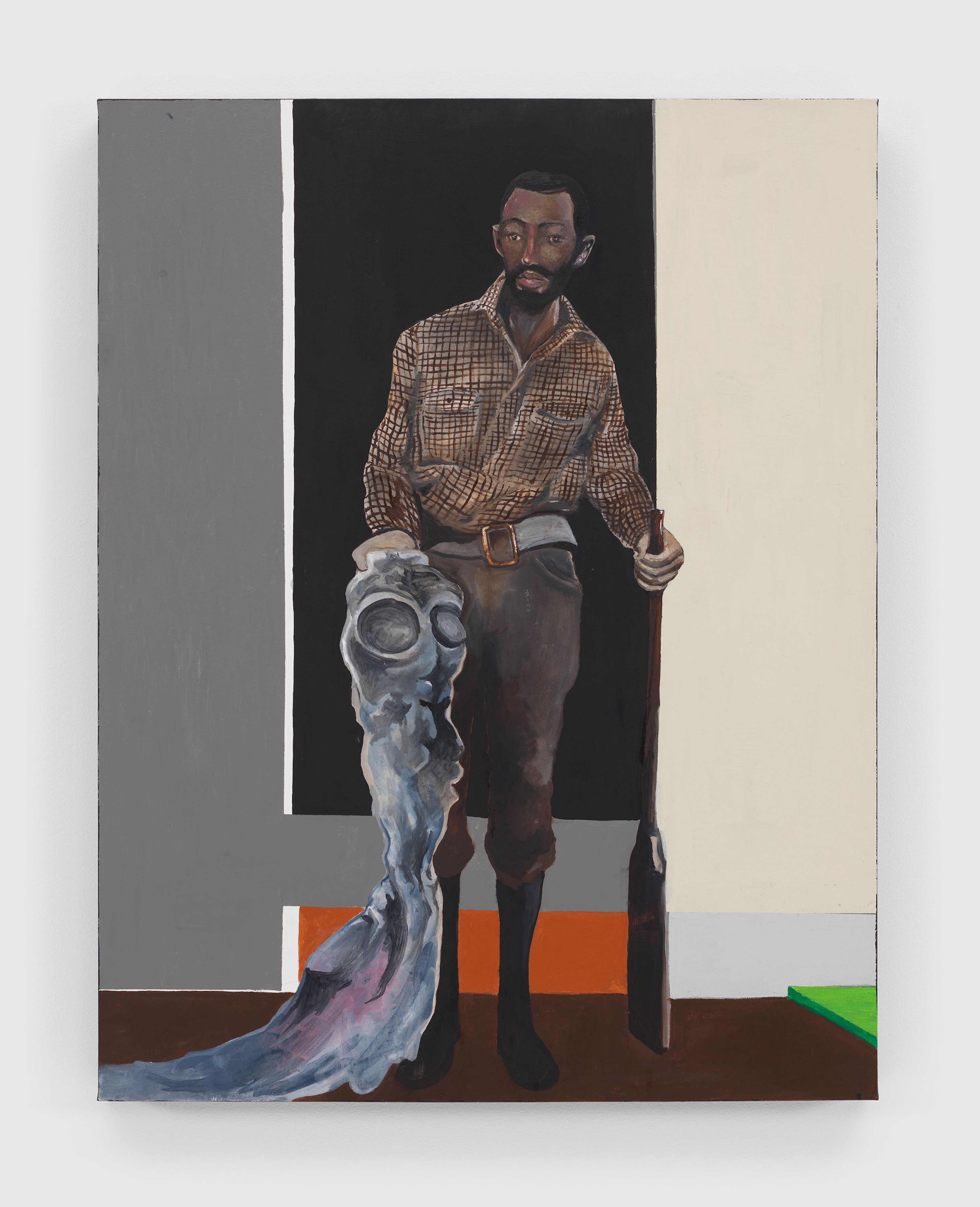 An oil painting on canvas by Noah Davis, titled Man with Alien and Shotgun, dated 2008.