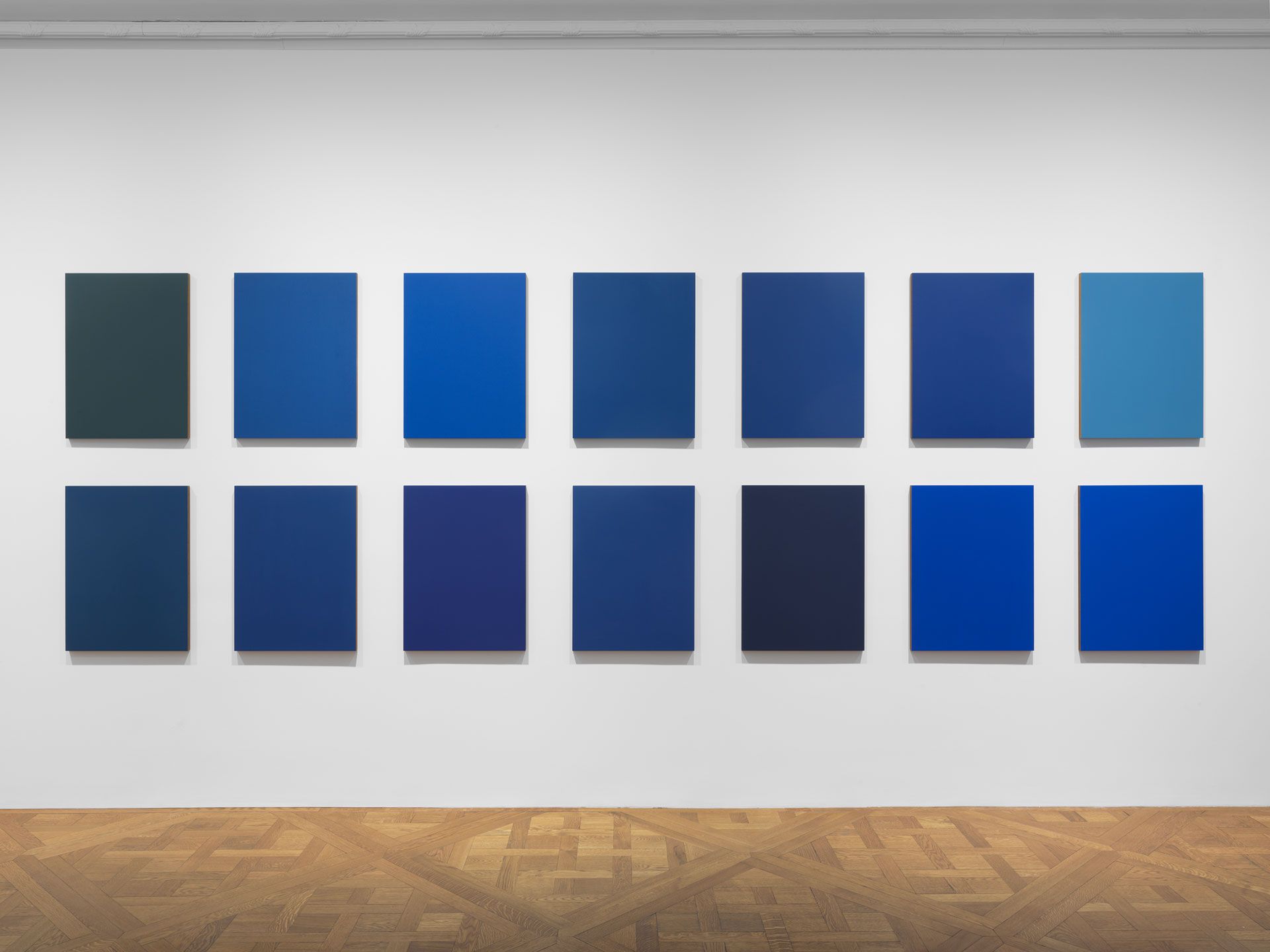 A fourteen part painting by Sherrie Levine, titled Monochromes After Reinhardt: 1-14, dated 2018.