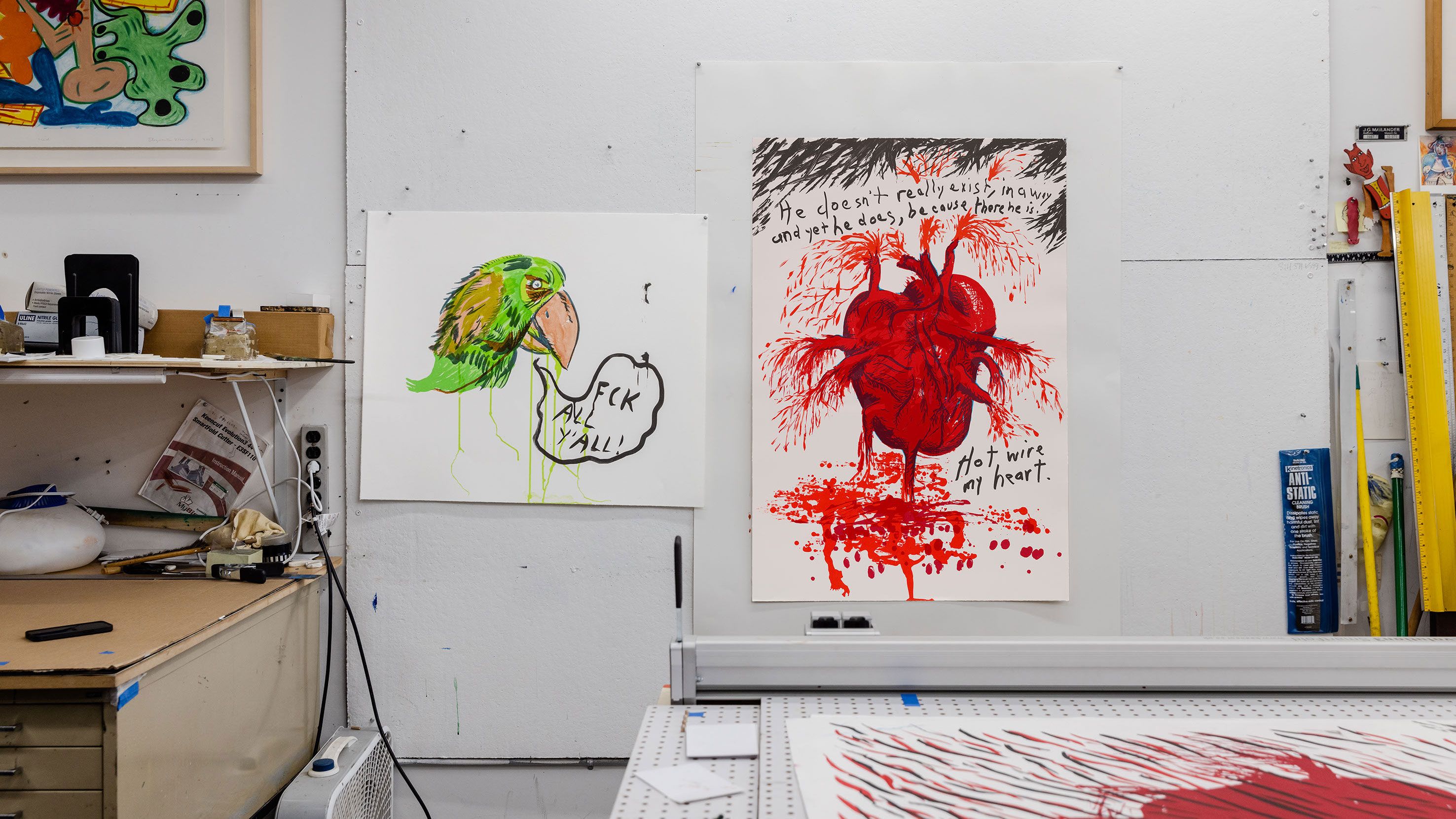 A photograph of Raymond Pettibon's print studio, dated 2022.