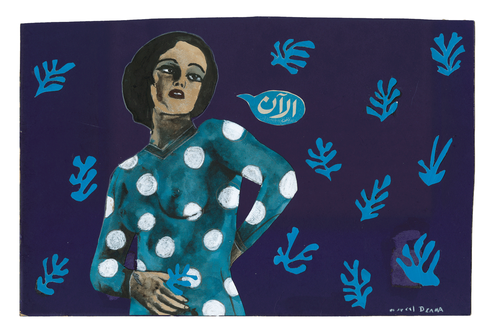 A work on paper by Marcel Dzama titled "Right now", woman in the Blue City, homage to Matisse, dated 2019.