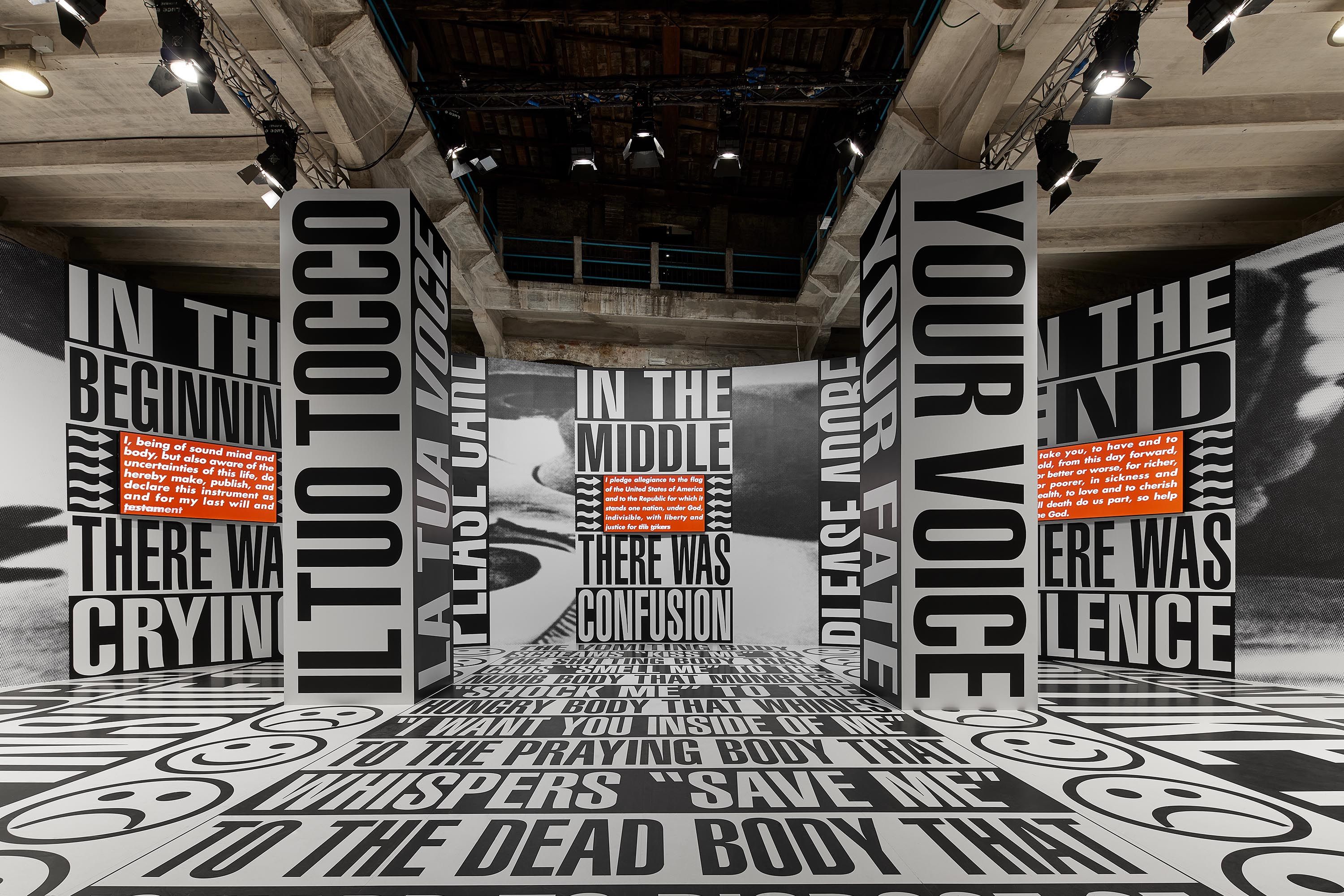 Installation view of Barbara Kruger, The Milk of Dreams, April 23–November 27, 2022, Venice.