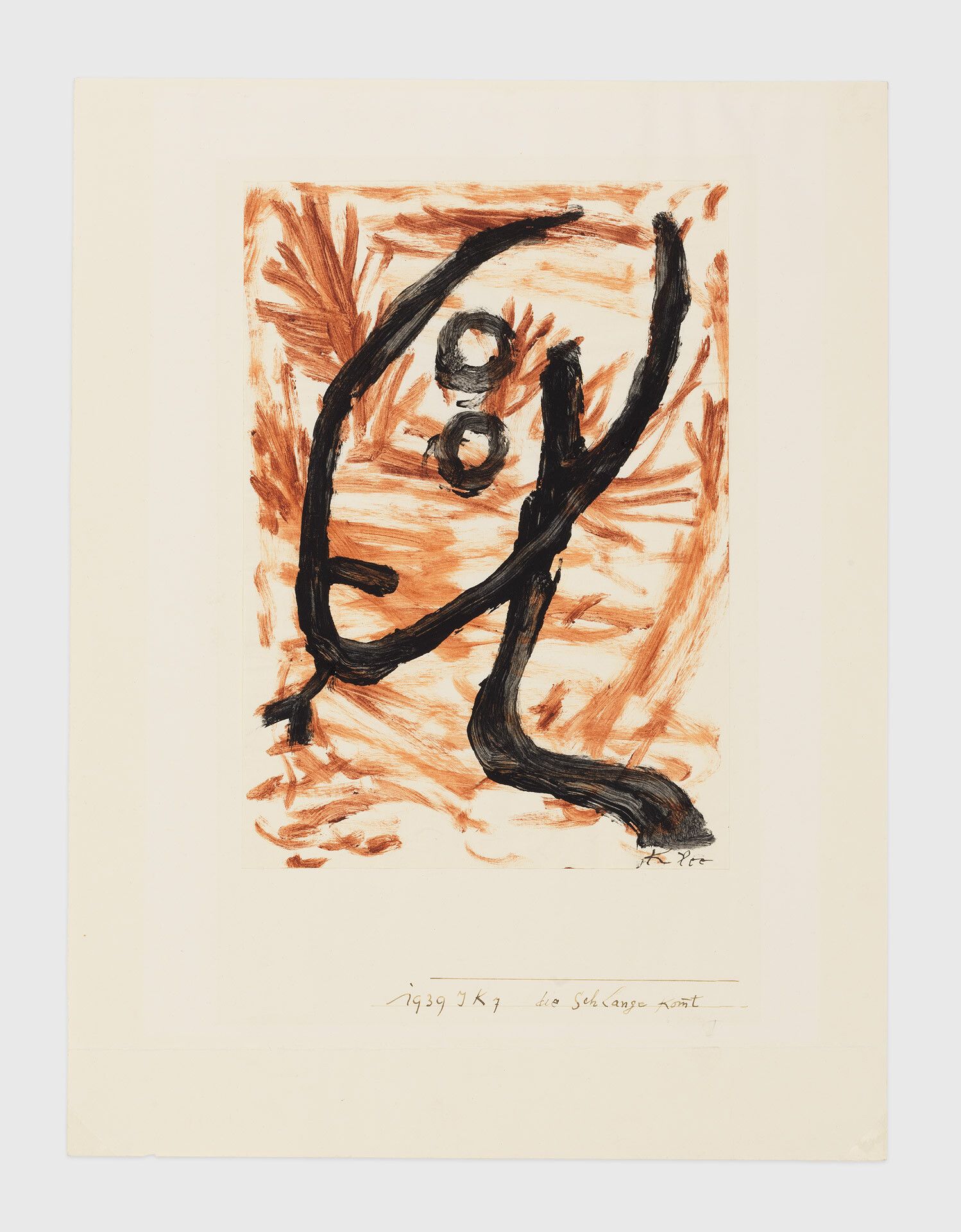 A work on paper on cardboard by Paul Klee, titled die Schlange kommt (The snake comes), dated 1939.