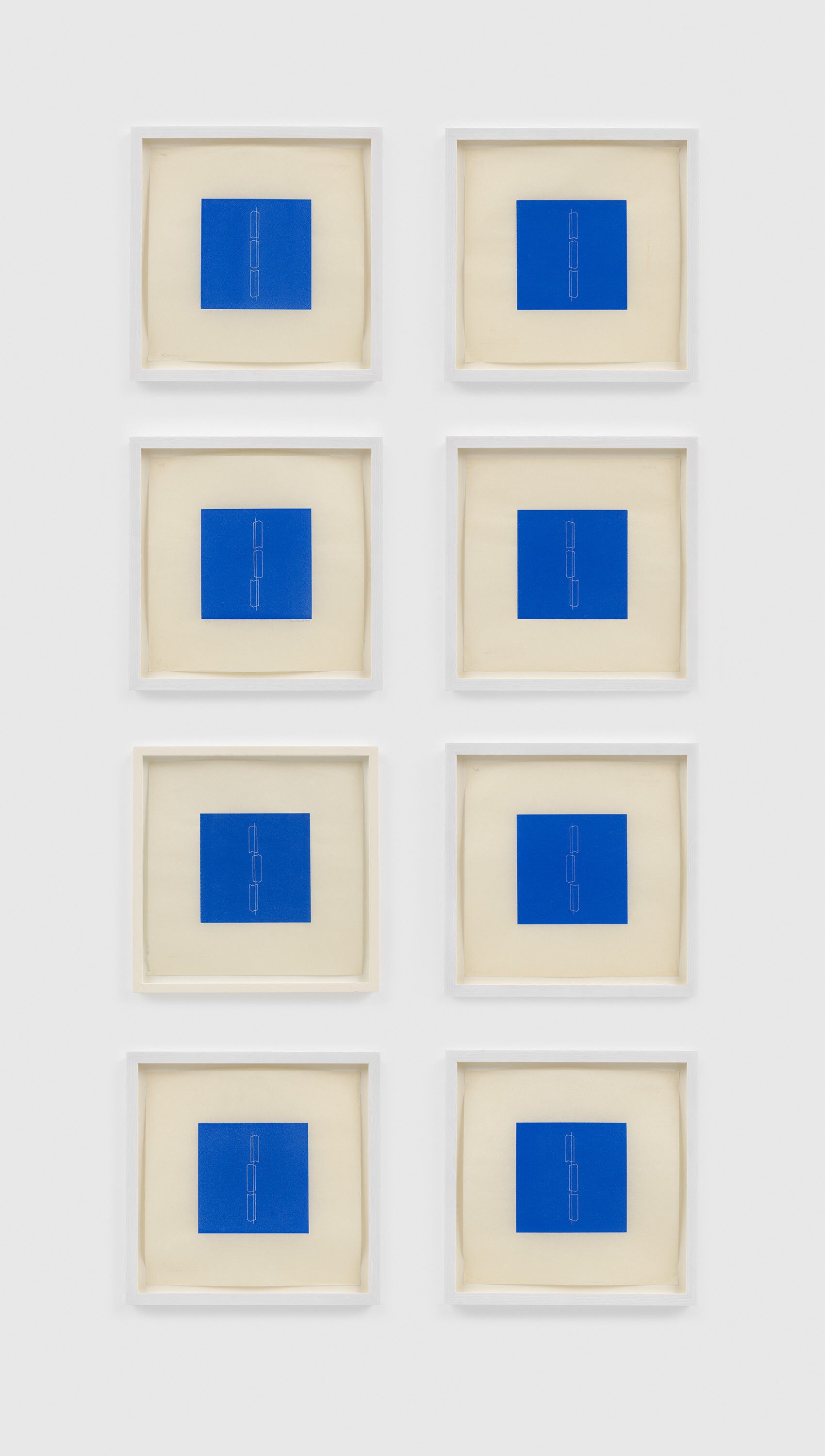 A detail from a set of eight linoleum cuts on Japanese paper with cut edge by Fred Sandback, called Untitled, dated 1979.