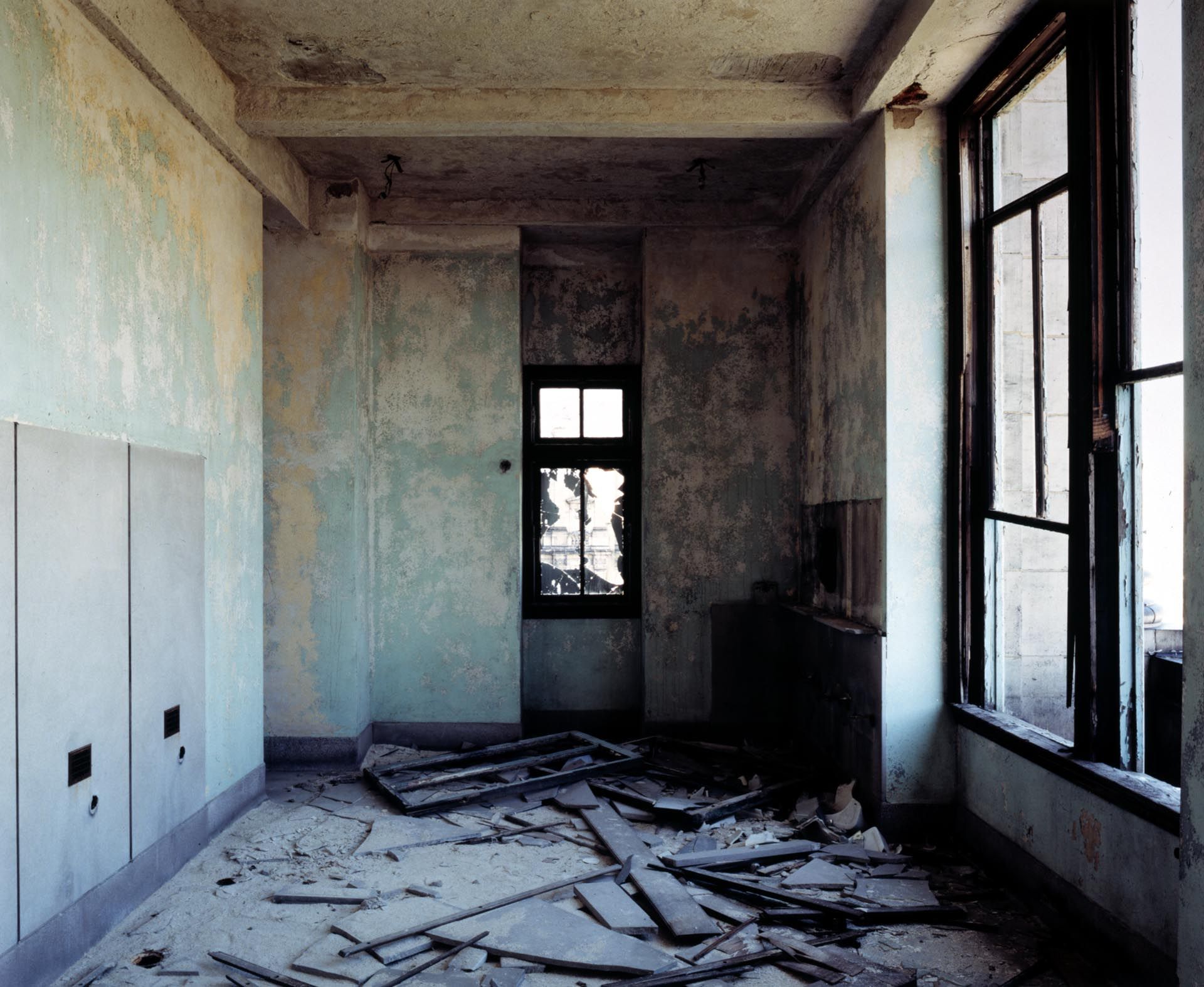 A C-print by Stan Douglas, titled 14th. floor of the Michigal Central Station, dated 1997 to 1998.