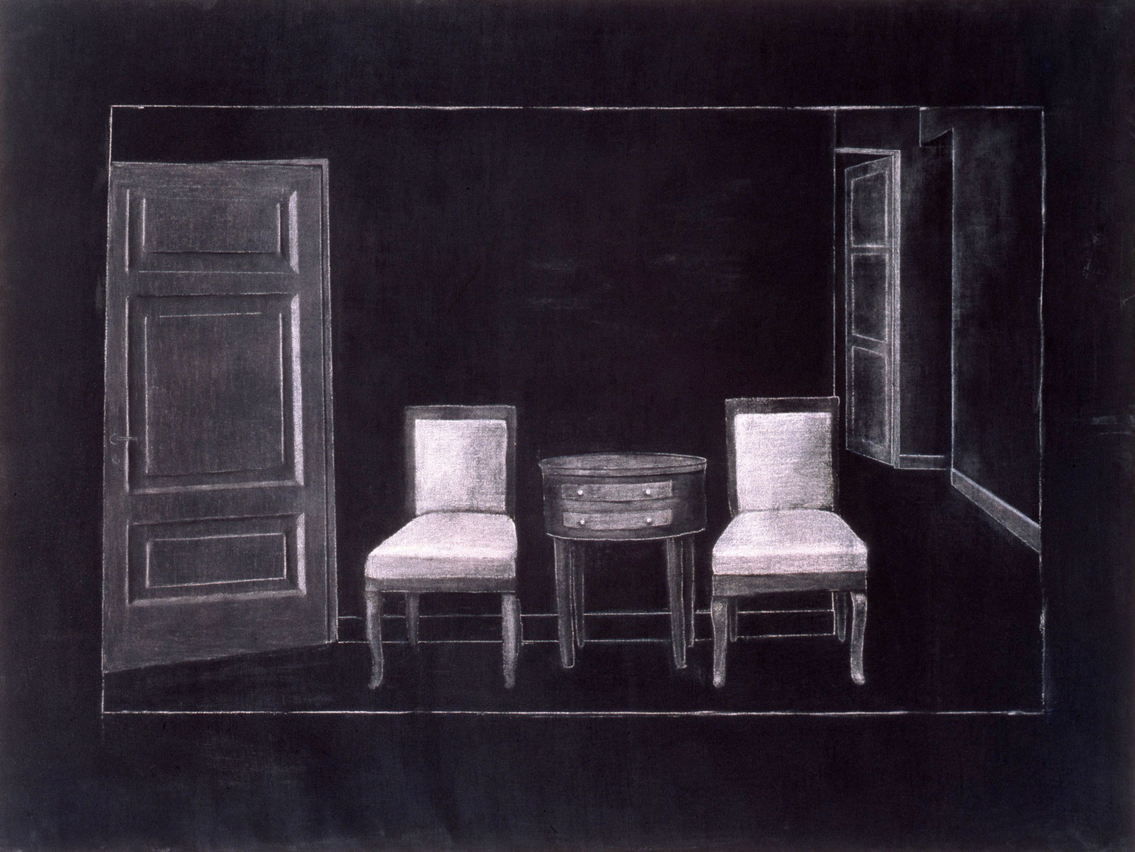 A white drawing on black paper by Juan Muñoz, titled Large Raincoat Drawing III, dated 1989.