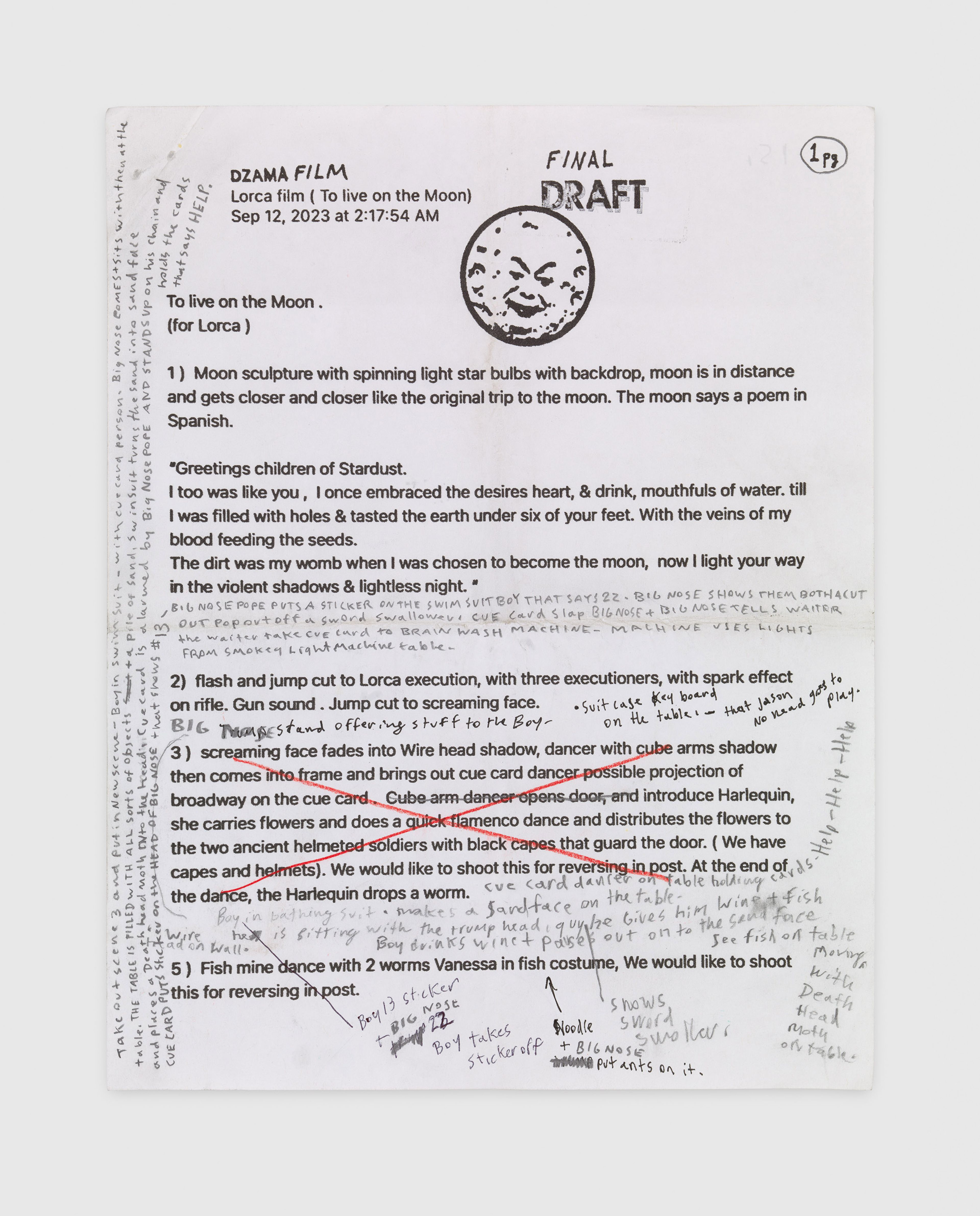 A detail from a 22-part work on paper by Marcel Dzama, titled To live on the moon, dated in 2023 and 2025.