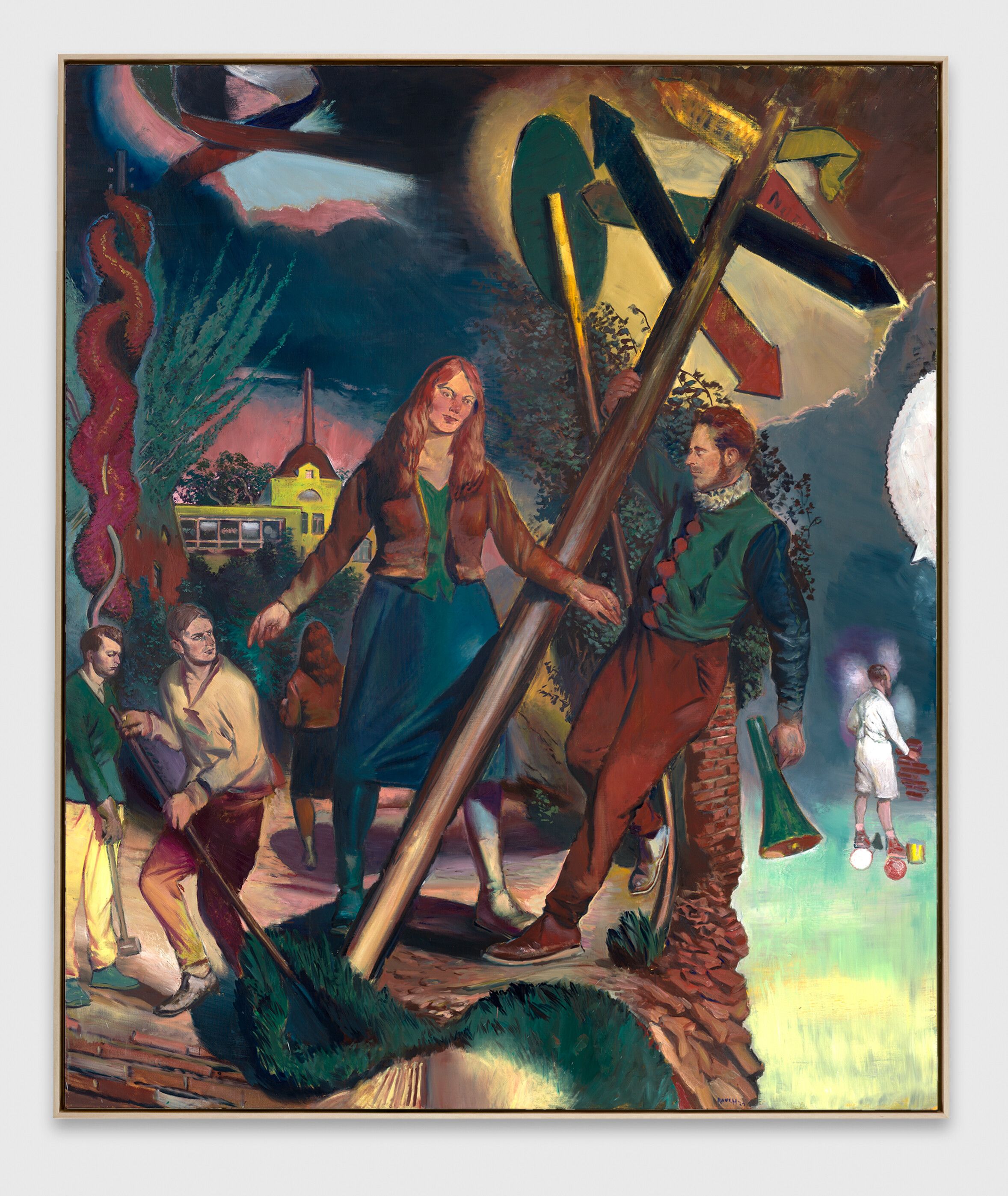 An oil on canvas artwork by Neo Rauch, titled Die Gründung, dated 2021.