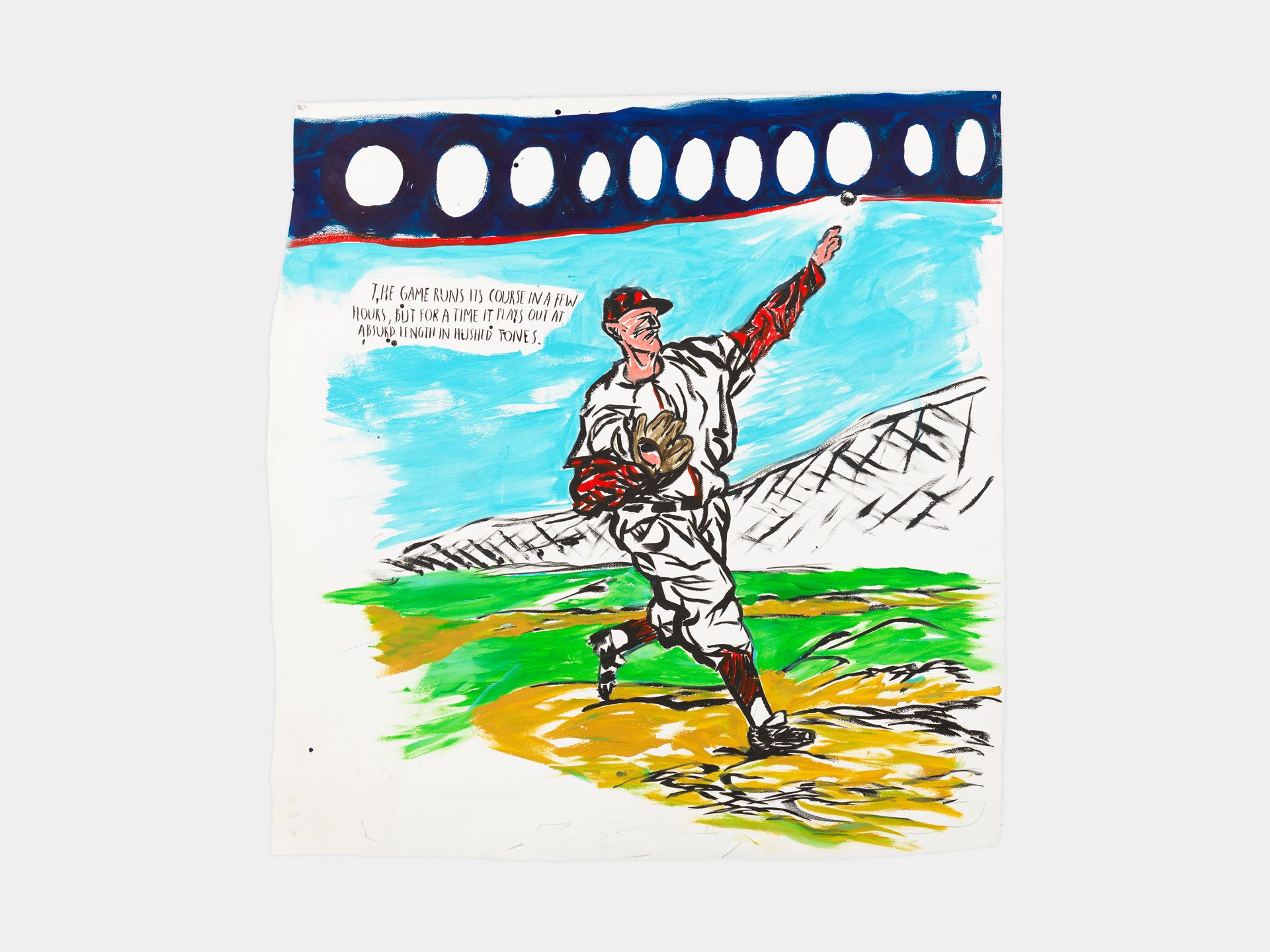 A drawing by Raymond Pettibon, titled No Title (The game runs...), dated 2017.