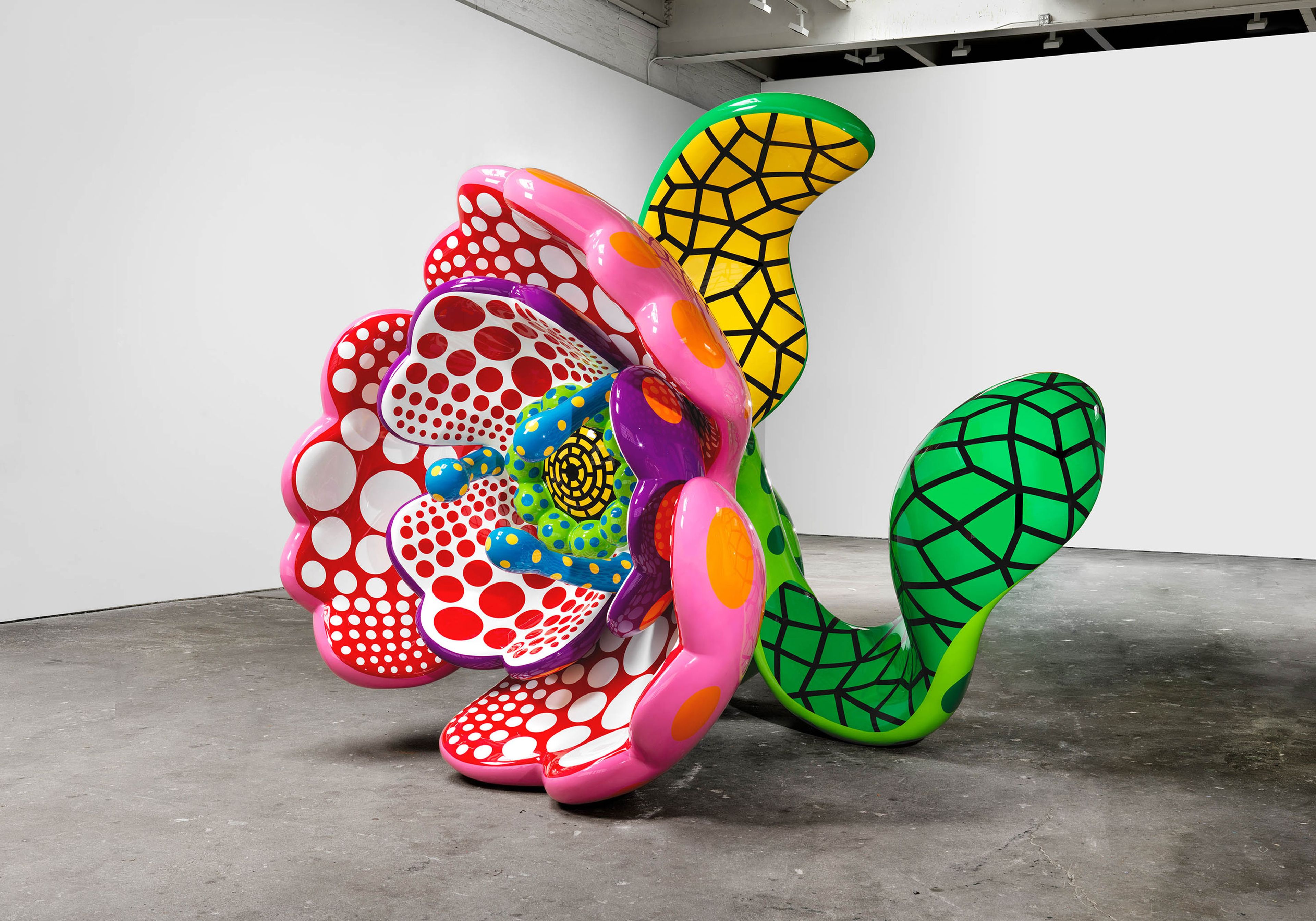 A sculpture by Yayoi Kusama, titled I Spend Each Day Embracing Flowers, dated 2023.