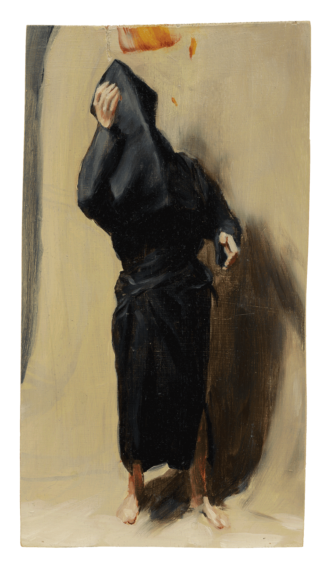 A painting by Michael Borremans, titled Black Mould / Juggling with Fiery Limbs, dated 2015.