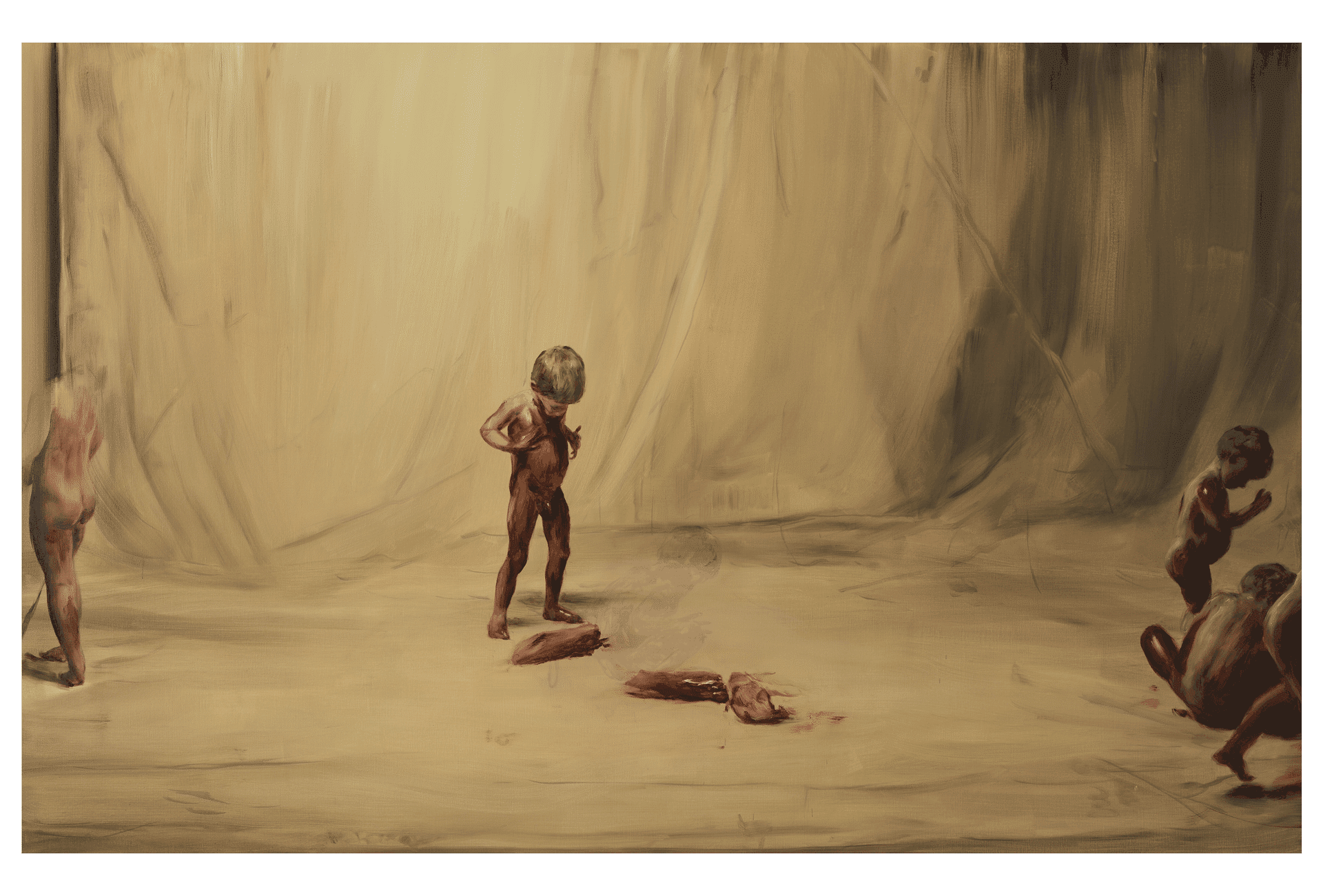 A painting by Michaël Borremans, titled Fire From the Sun (Five Figures, Three Limbs), dated 2017.