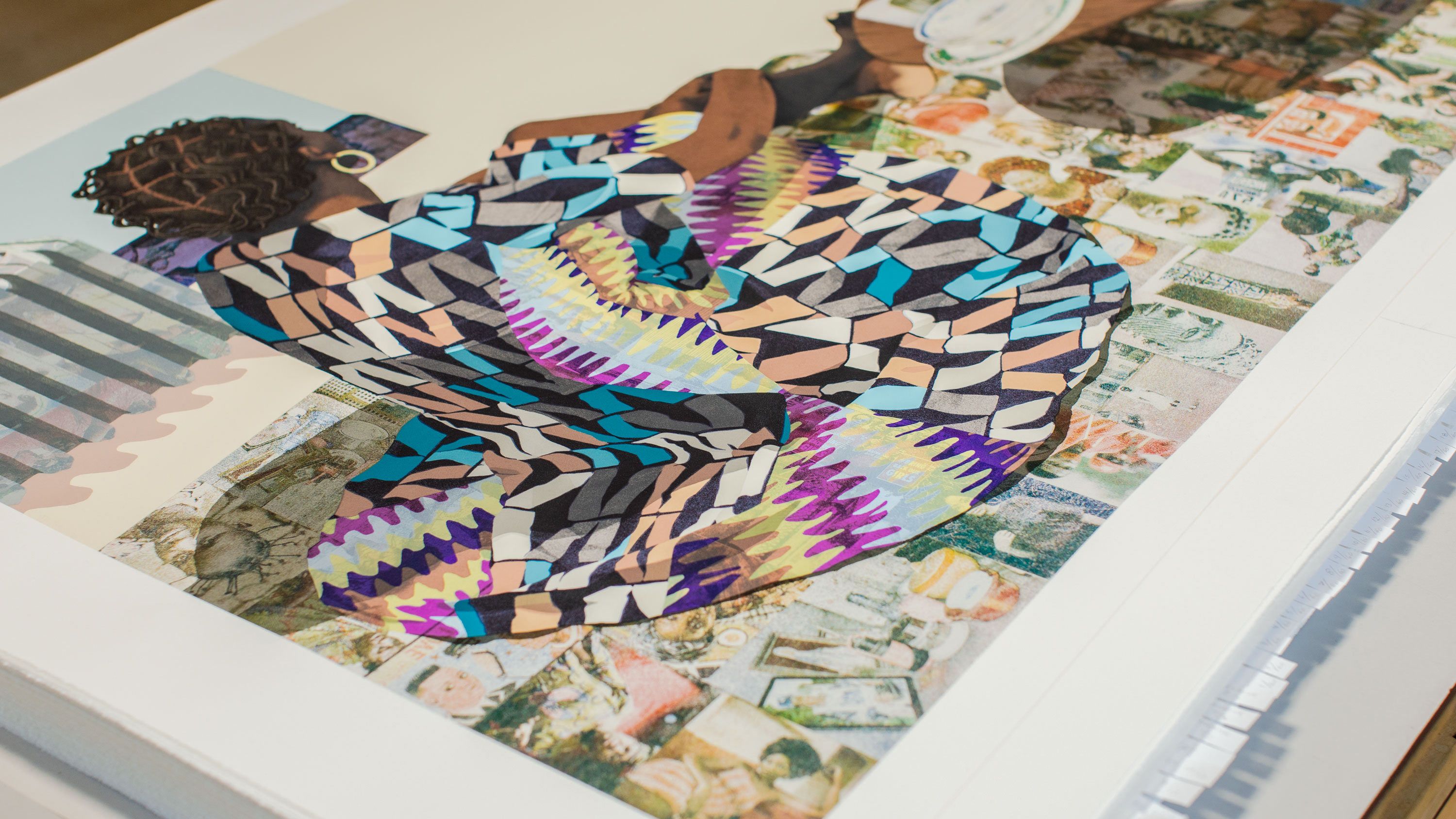 In the final print, forty-five screens were used to print forty-three specially mixed colors. The appearance of depth is created through multiple transparent layers and a grayish whitewash in the areas that replicate the artist’s signature image-transfer technique. Photo by Bobby Rogers