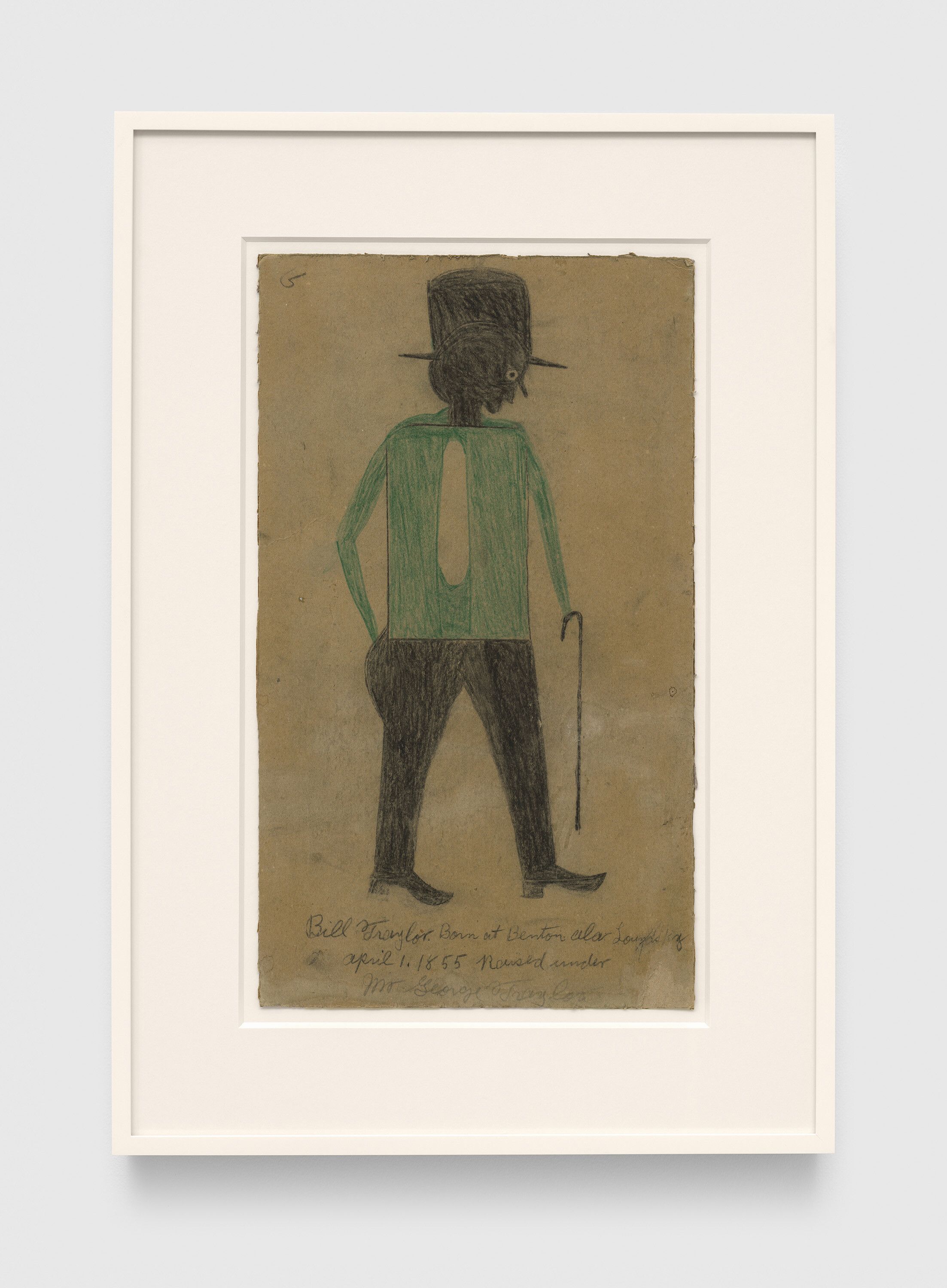 A drawing by Bill Traylor, titled Man with Hat and Cane, circa 1939 to 1940.