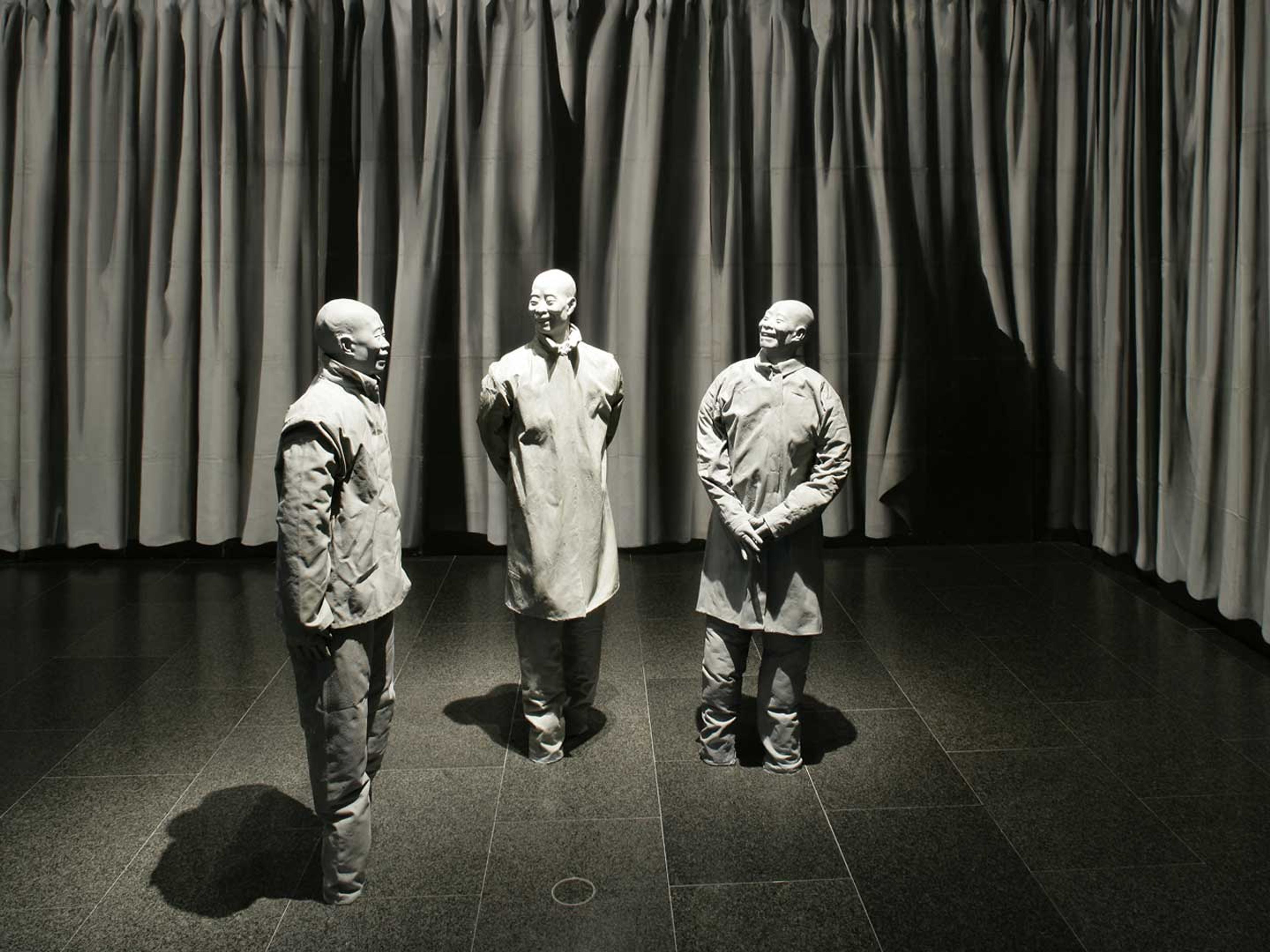 A mixed media sculptural installation by Juan Muñoz, titled, The Nature of Visual Illusion, dated 1994-1997, at Fondazione Hangar Bicocca, in Milan, Italy, in 2015. 