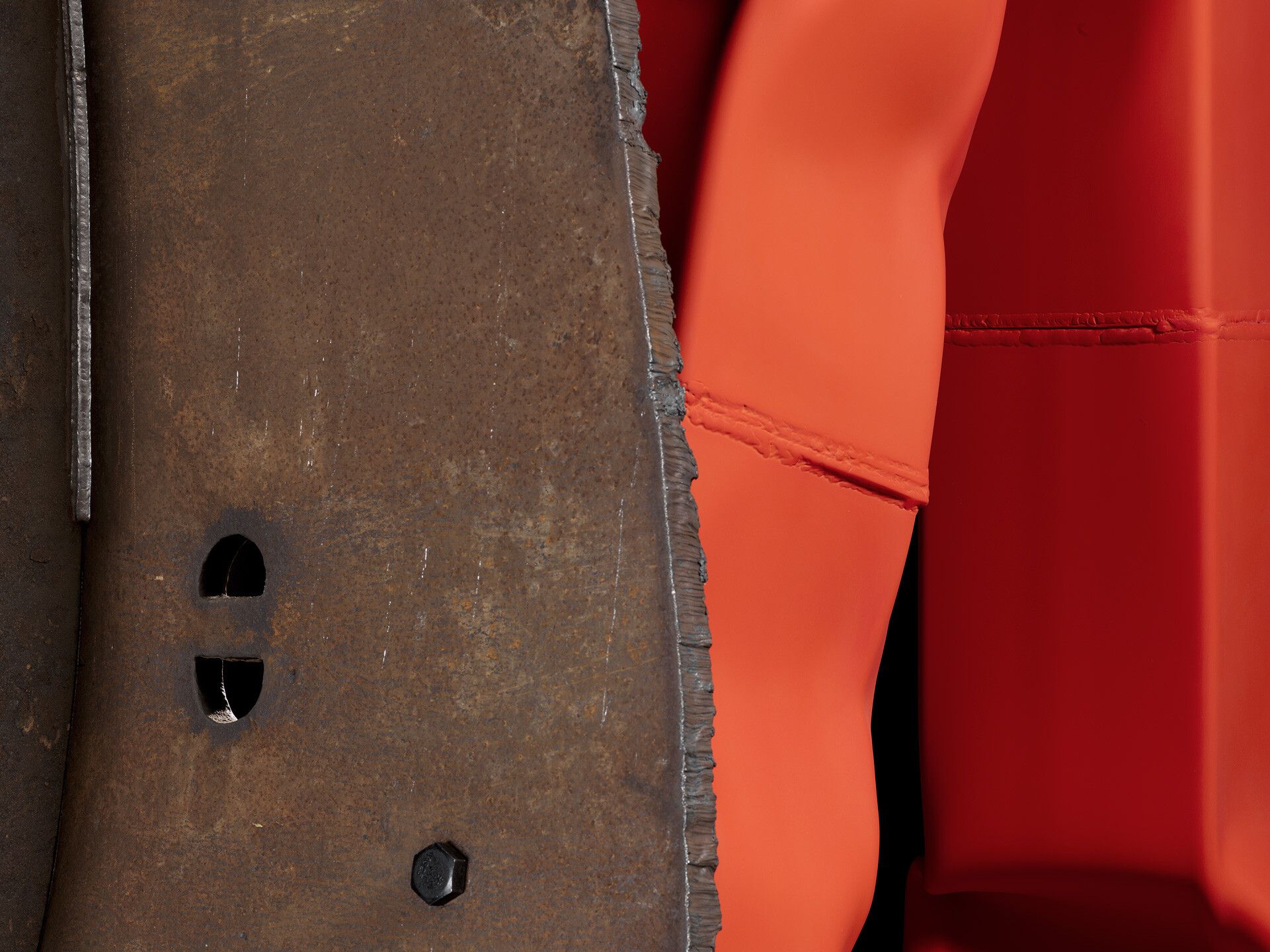 A detail of a steel, stainless steel, and urethane paint by Carol Bove, titled Chimes at Midnight I, dated 2021. 