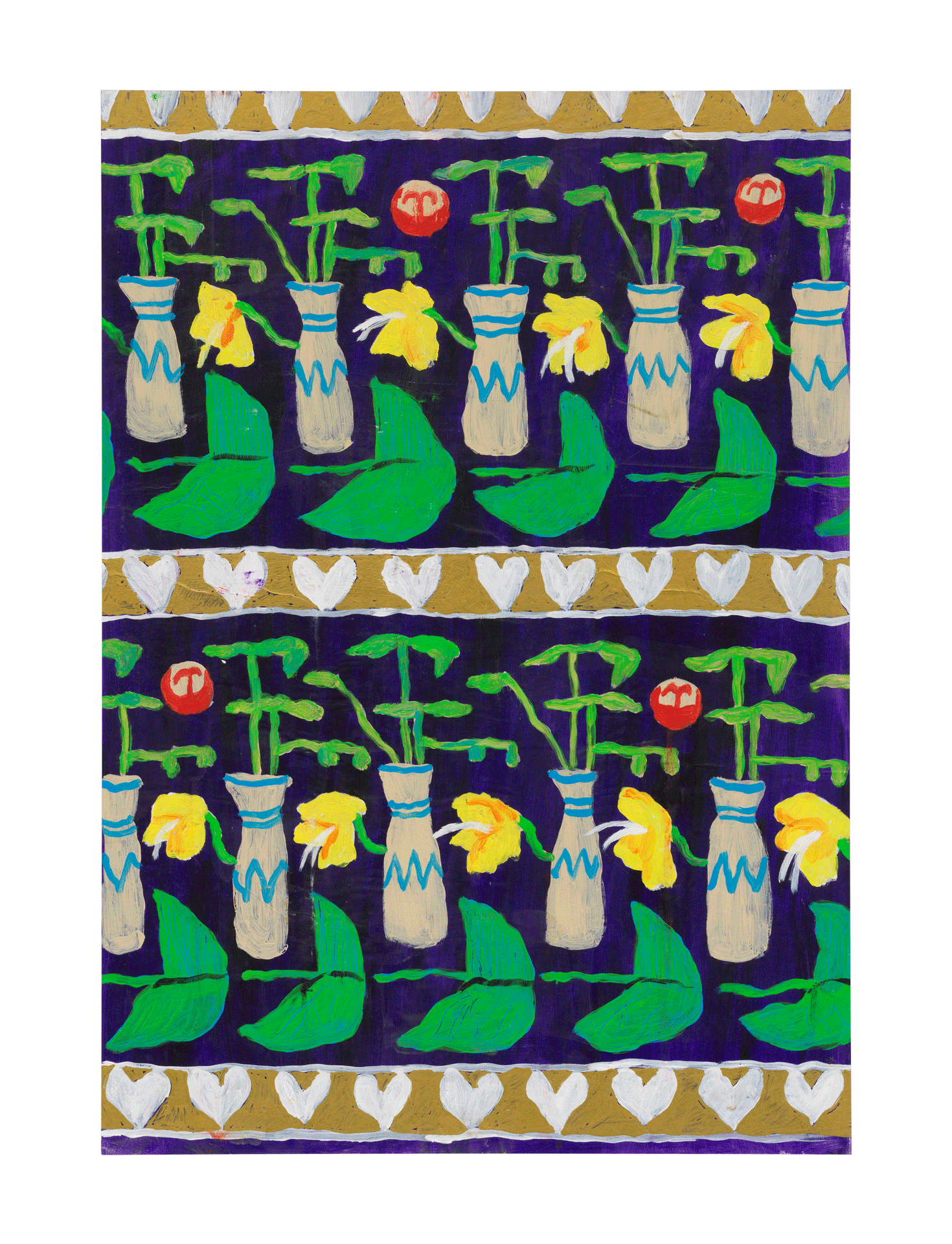 An installation by Jay Pluck, titled untitled, hand-painted wallpaper installation, dated 2019