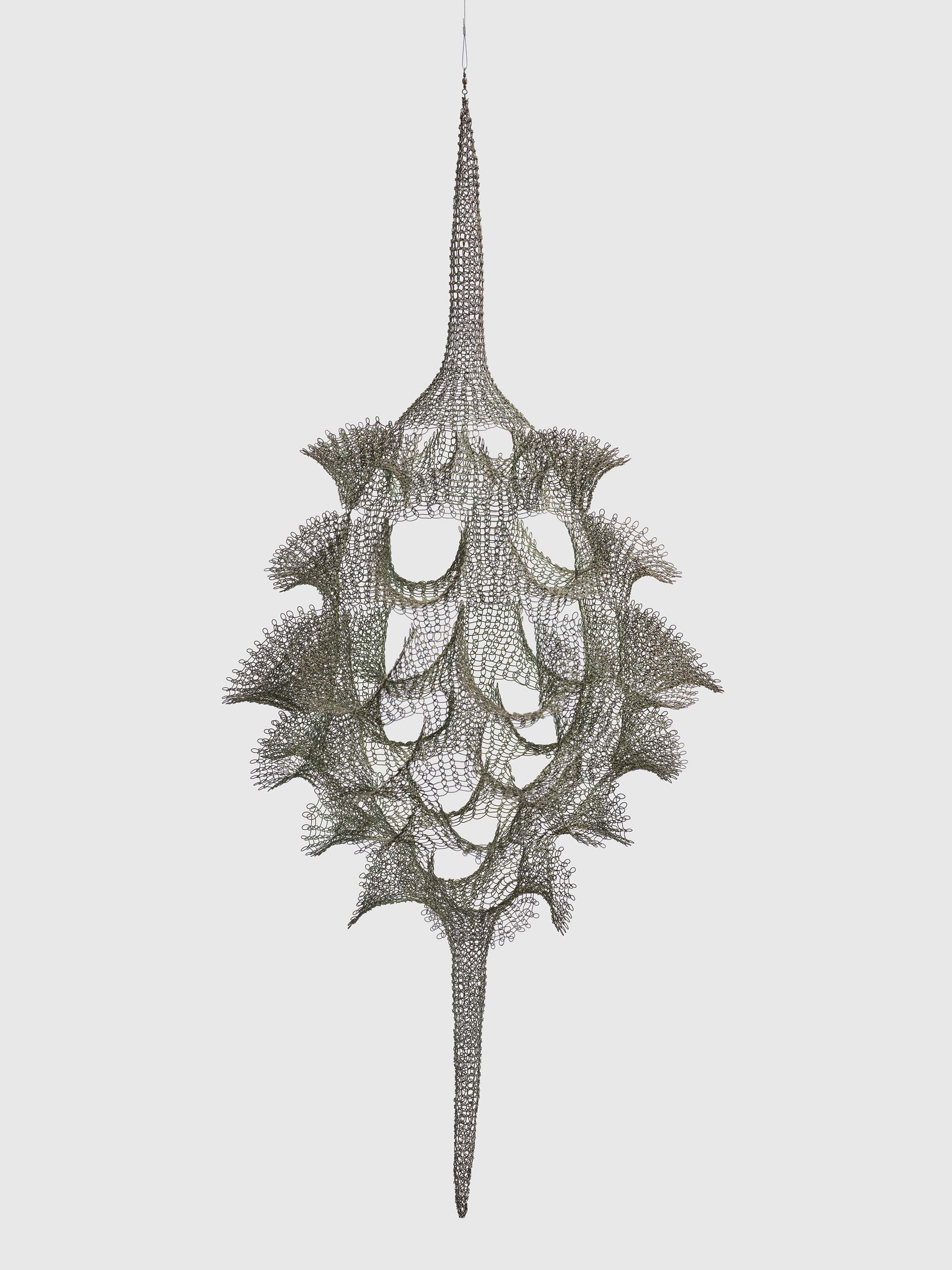 A sculpture by Ruth Asawa, titled Untitled (S.483, Hanging Single-Section, Reversible Open-Window Form), dated circa 1950.