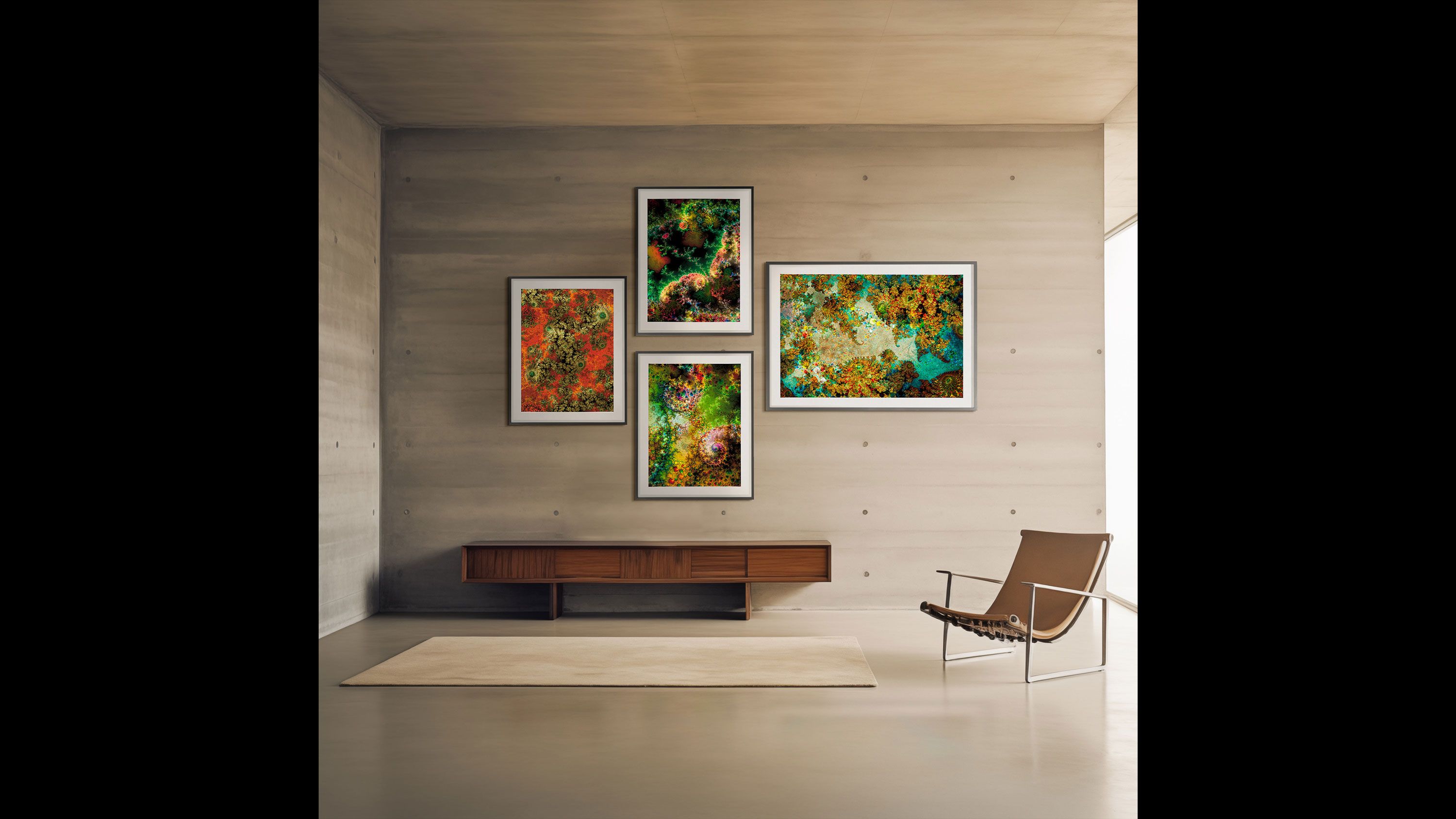 Installation views of Thomas Ruff prints rendered in an AI-generated living room