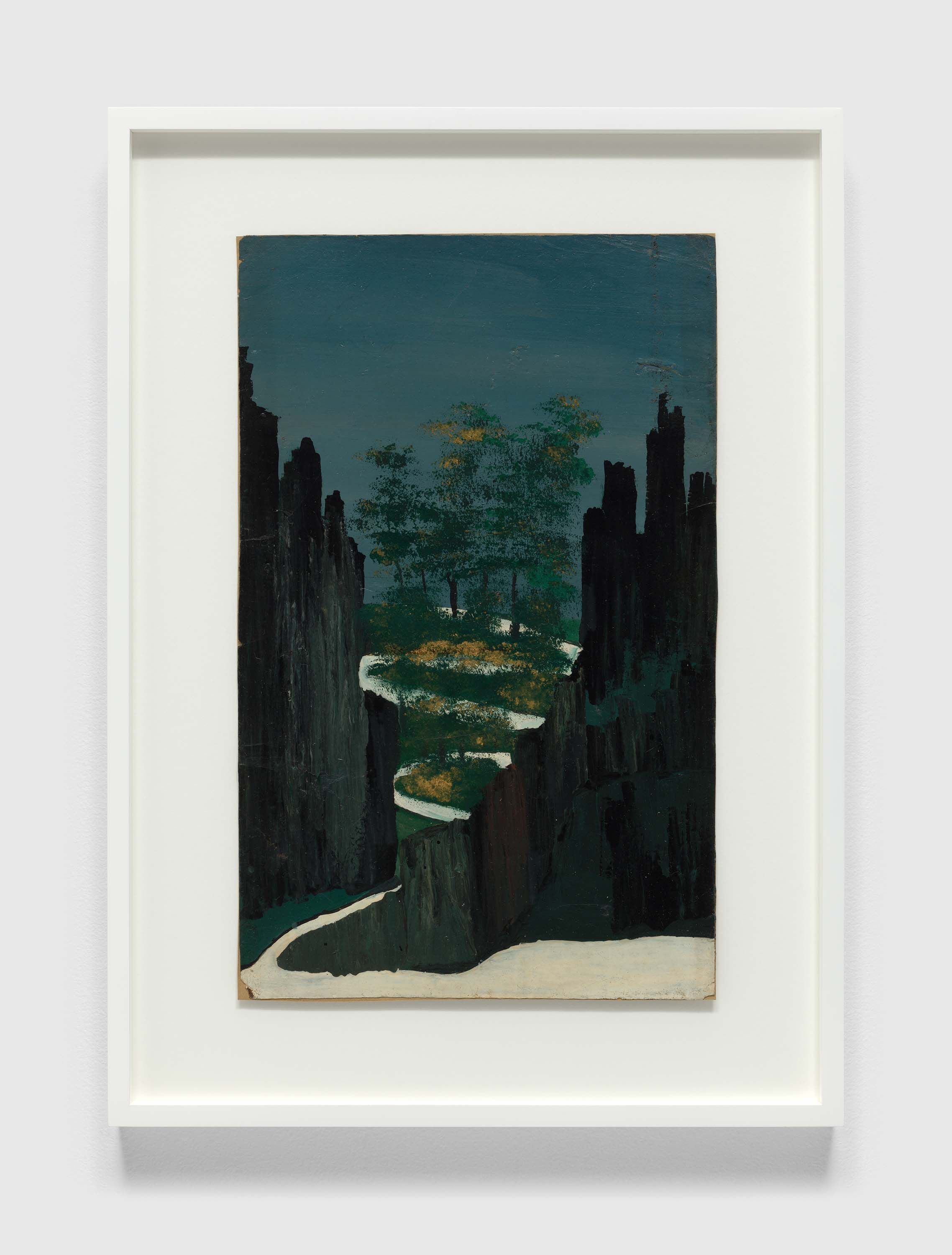 A painting on single-ply cardboard by Frank Walter, titled Untitled (Craggy Mountains With Meandering White Path), n.d.