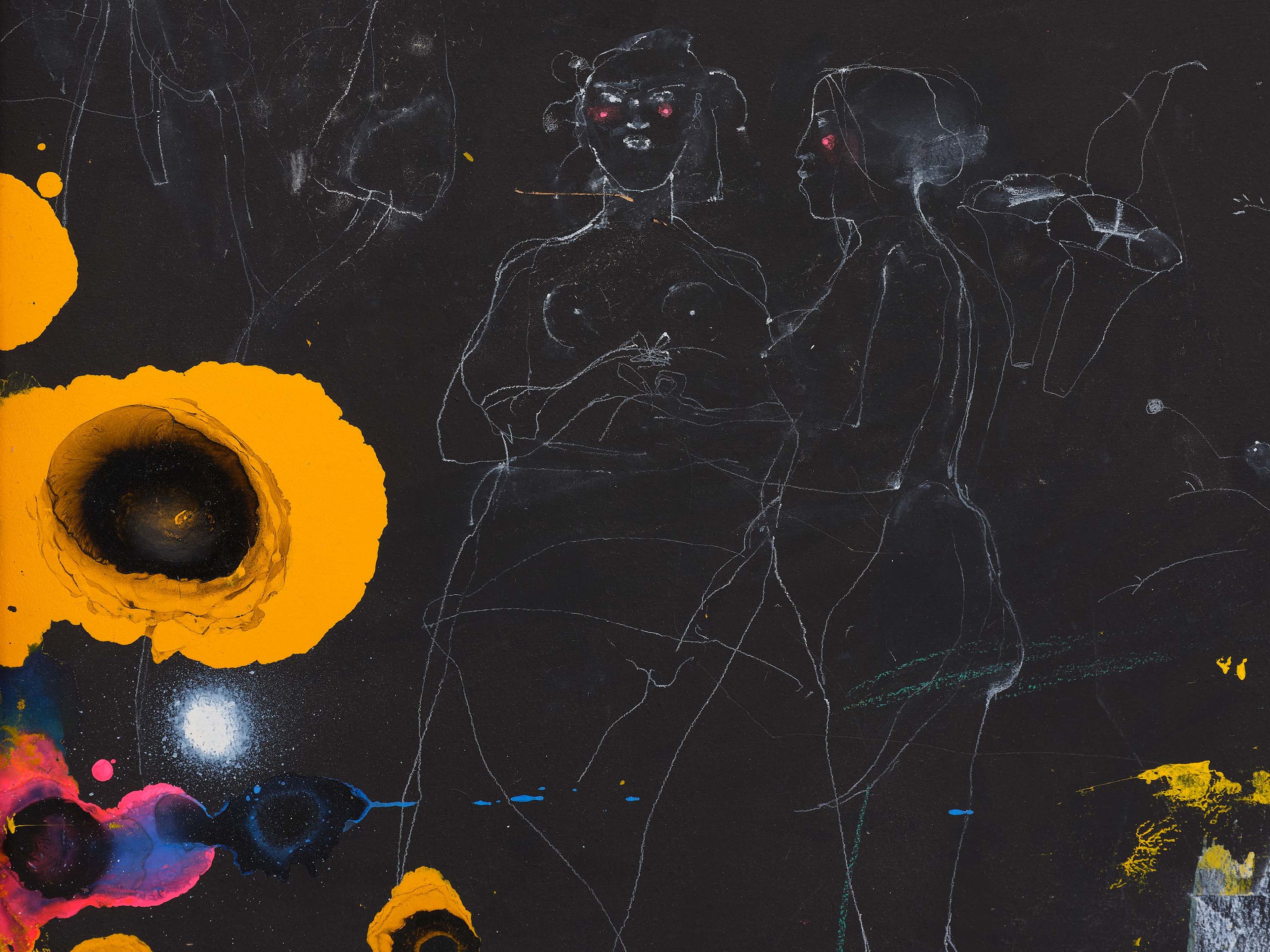 A detail from a mixed media artwork by Raymond Saunders, titled Beauty in Darkness, dated 1993 to 1999.