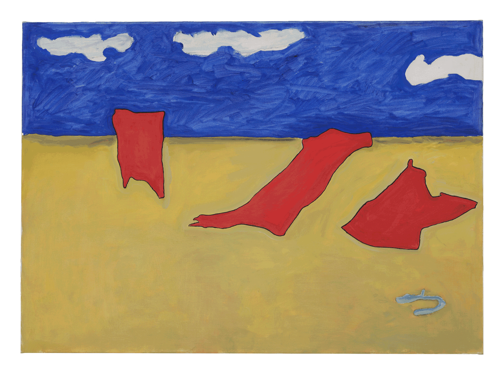 An oil painting on canvas by Raoul De Keyser, titled Three Scarecrows in a Gale, dated 2006.