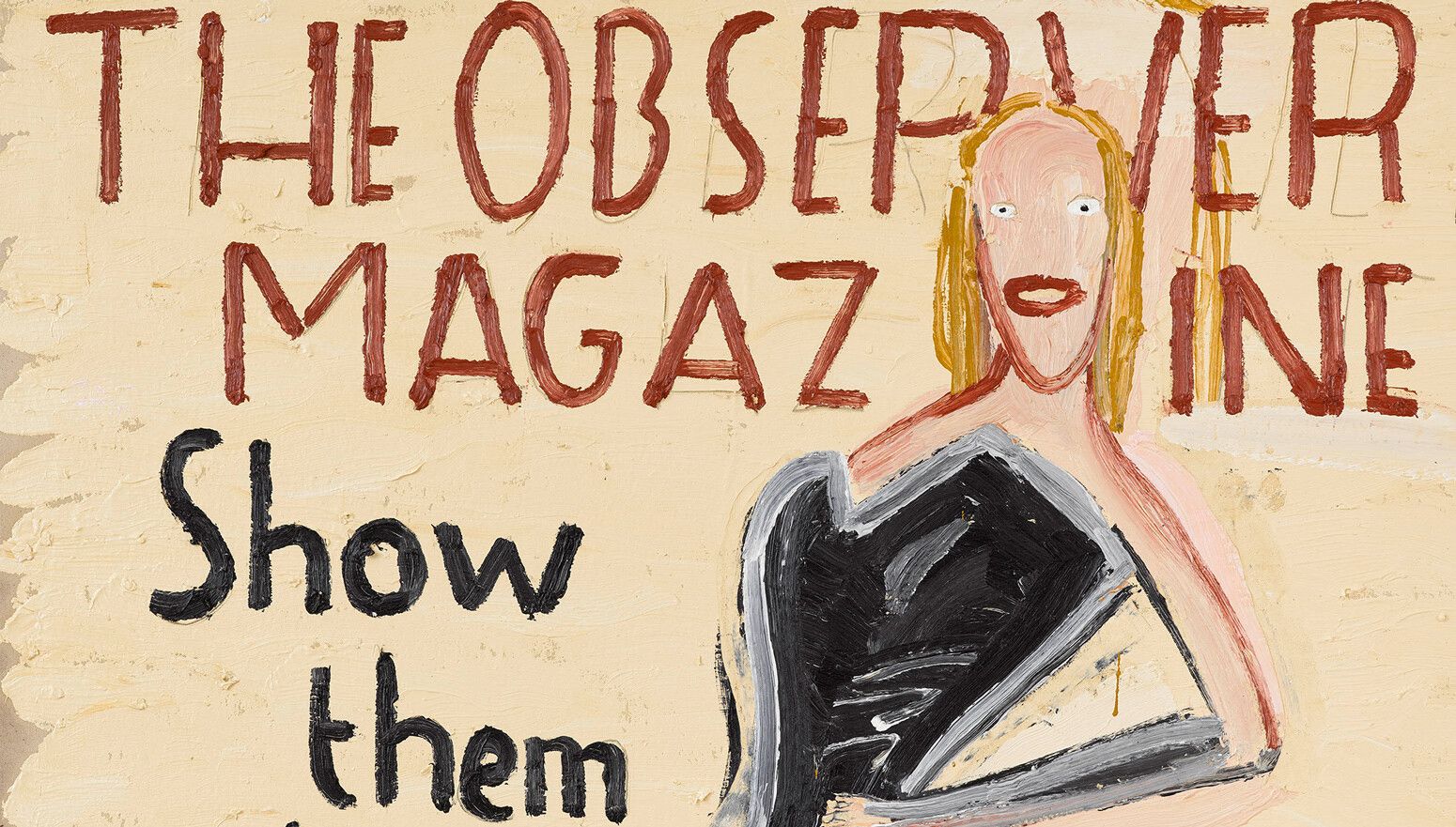 A detail of an artwork by Rose Wylie, titled Spindle and Cover Girl, dated 2022