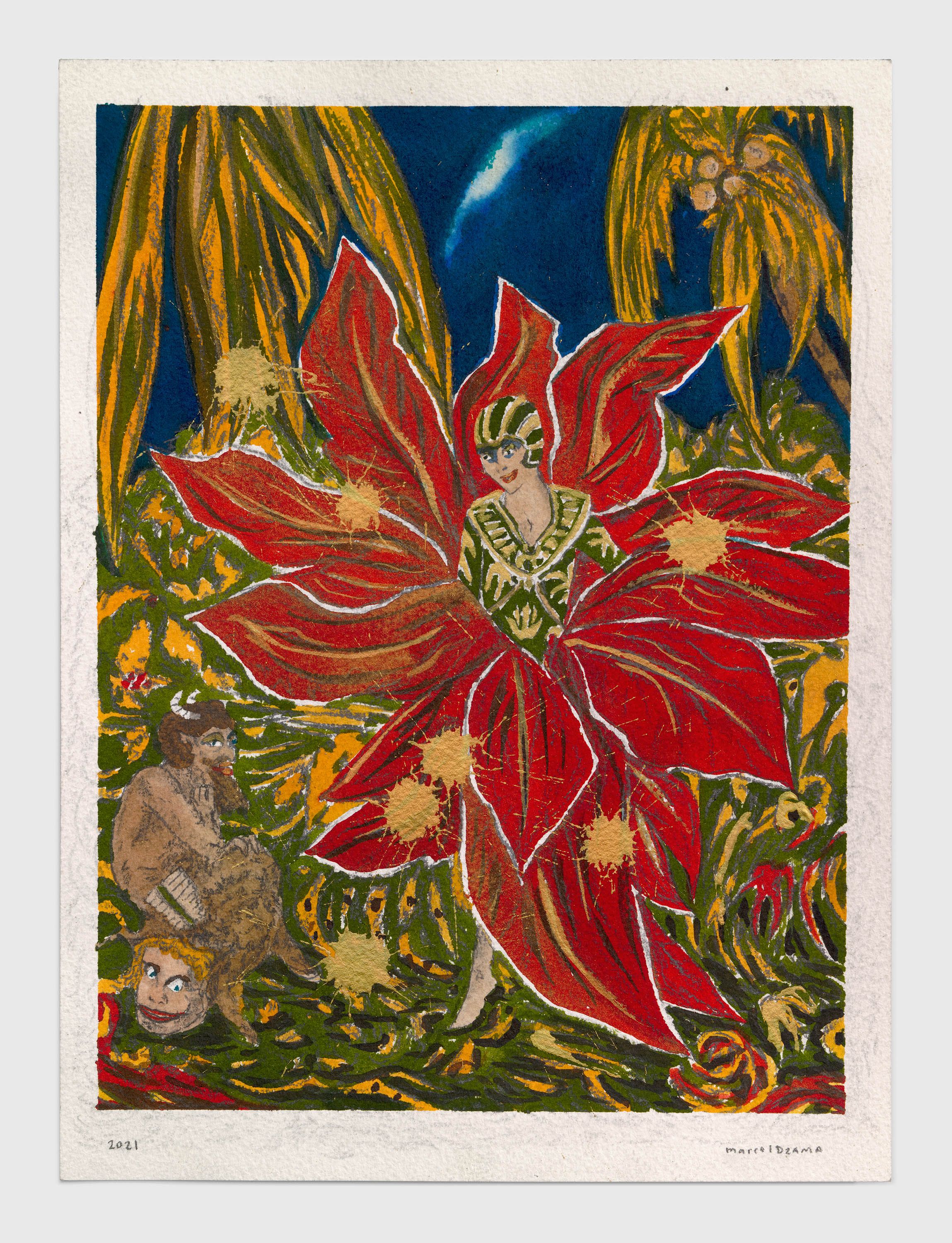 A mixed media artwork by Marcel Dzama, titled She once opened her flower for me, dated 2021.