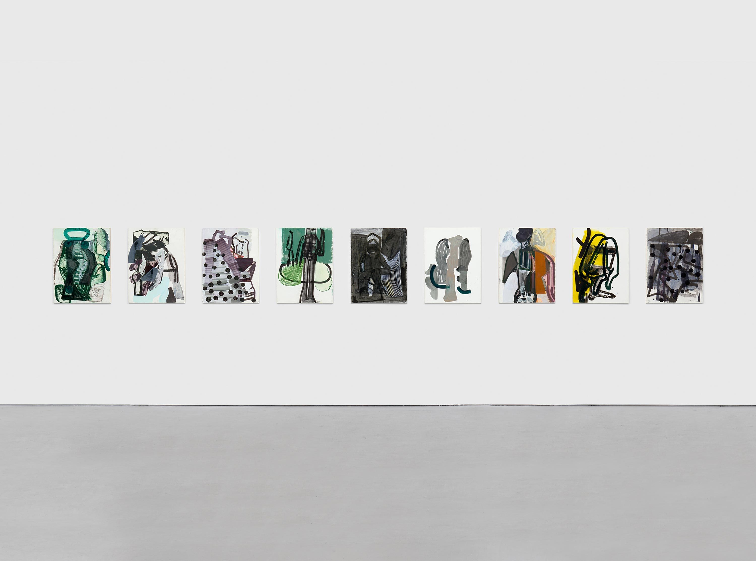 A 9-part acrylic and ink on paper work on wood panel by Amy Sillman, titled Paradise (An Alphabet for Miss Morrison), dated 2021.