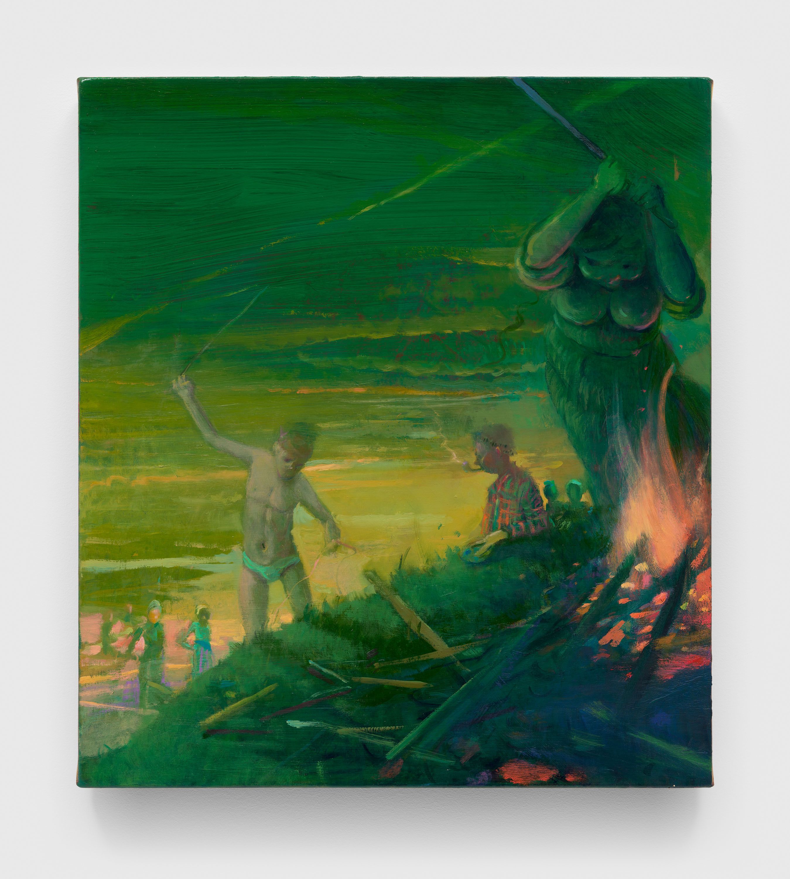 A painting by Lisa Yuskavage, titled Emerald Bonfire, dated 2021.