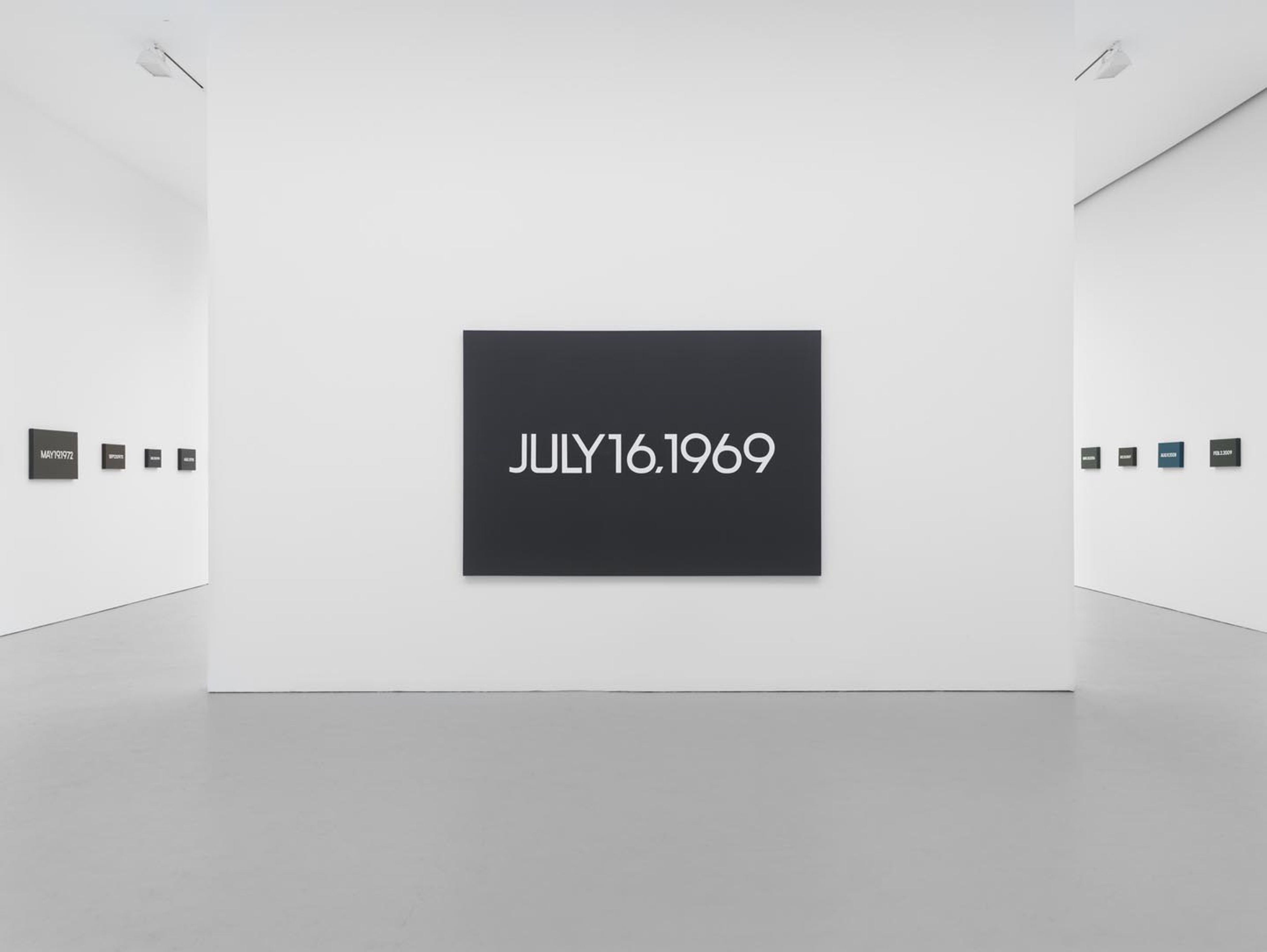 An installation view of the exhibition On Kawara: Date Painting(s) in New York and 136 Other Cities, at David Zwirner New York, dated 2012.