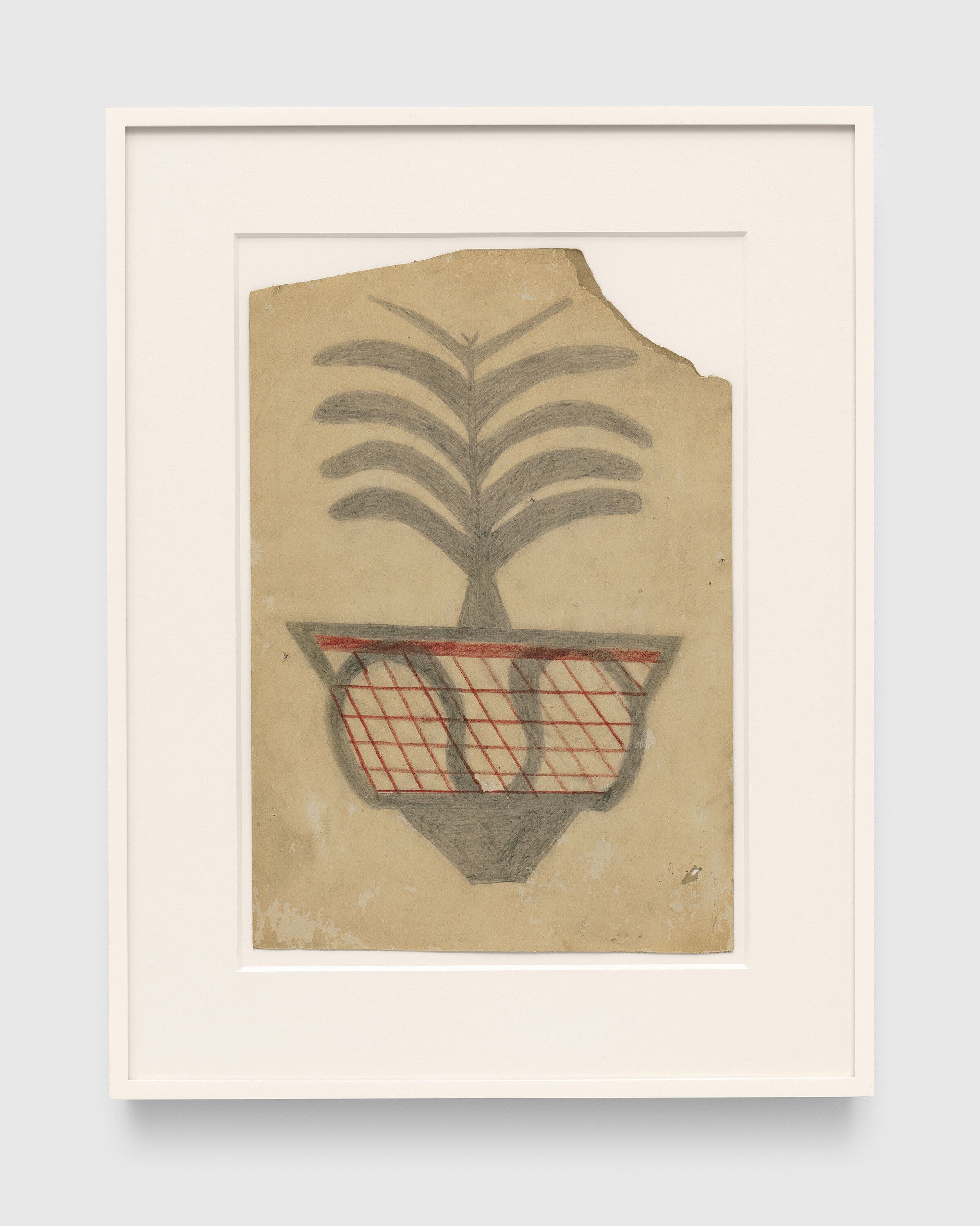 A drawing by Bill Traylor, titled Basket with Plant Form, circa 1939 to 1940.