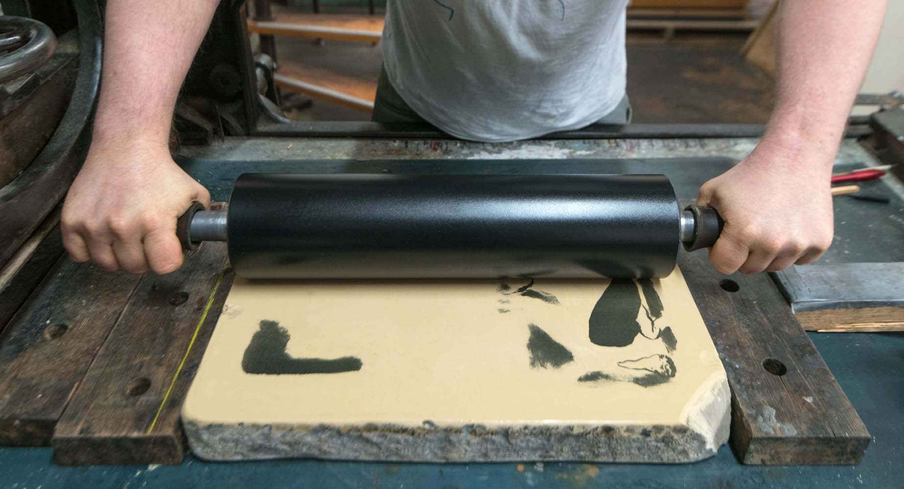 Prints being made at the Lithographisches Atelier Leipzig in 2020.