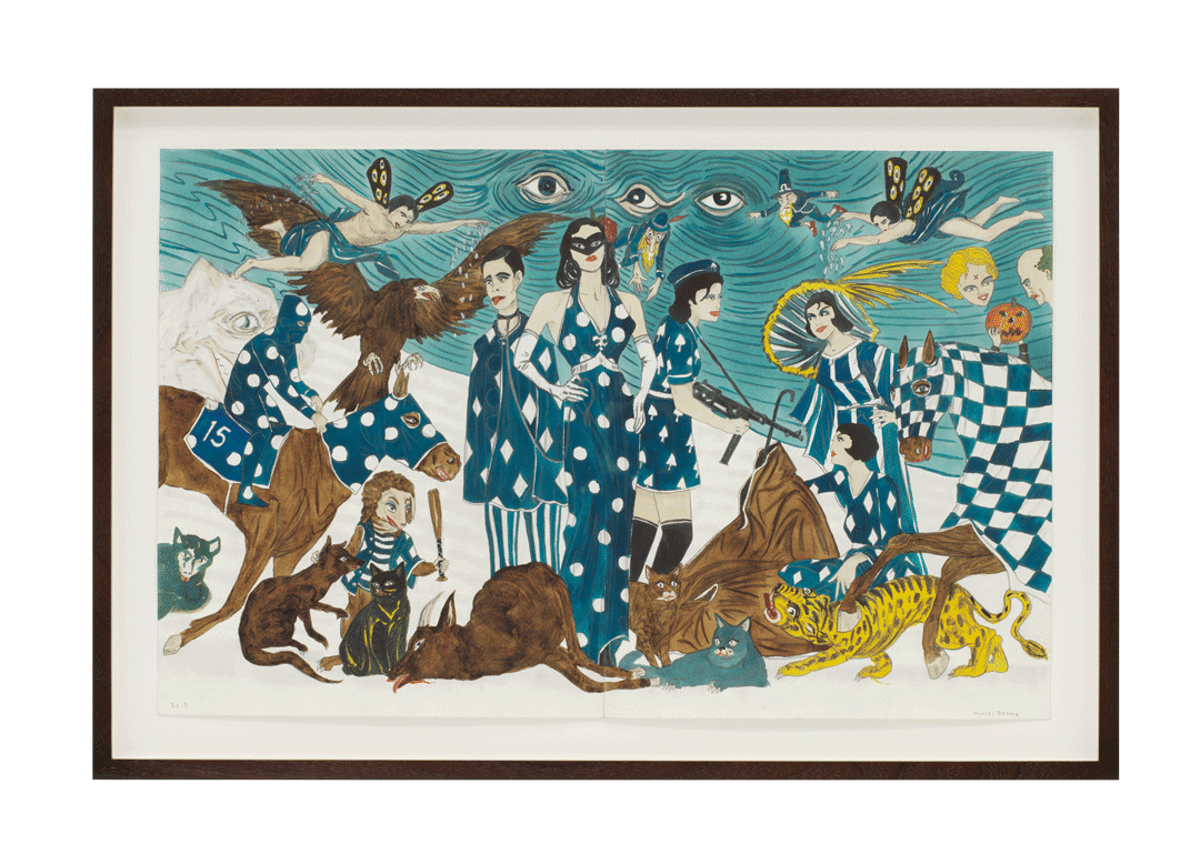 A work on paper by Marcel Dzama, titled The spirits of the air live off of the smell of revolution, dated 2018.