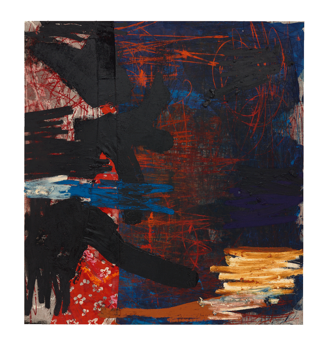 A painting by Oscar Murillo, titled manifestation, dated 2019.
